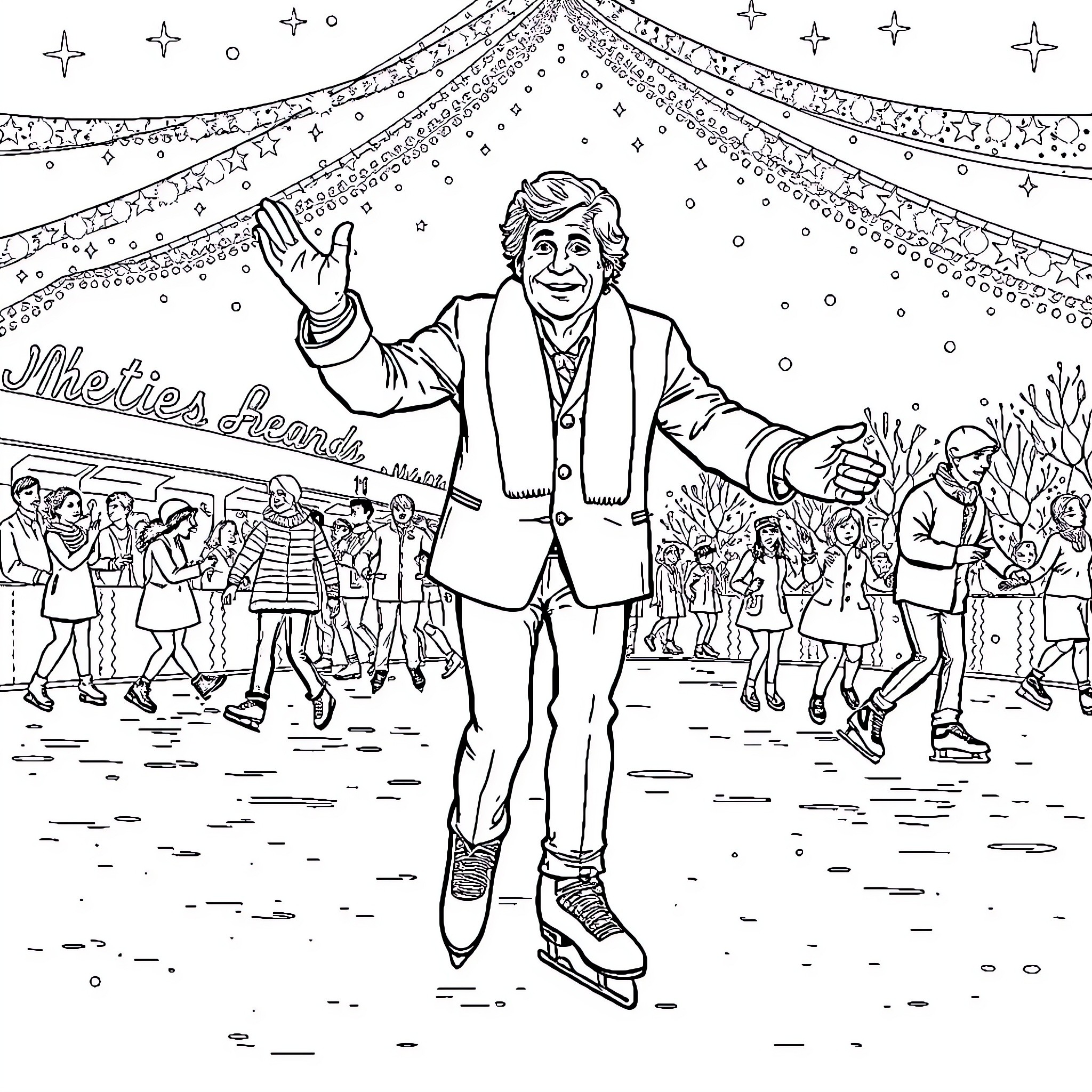 Alan Partridge enjoying a festive ice skating performance Coloring Page (free black-and-white line drawing printable PDF for all, from beginners to advanced learners, including children, teens, adults, and seniors)