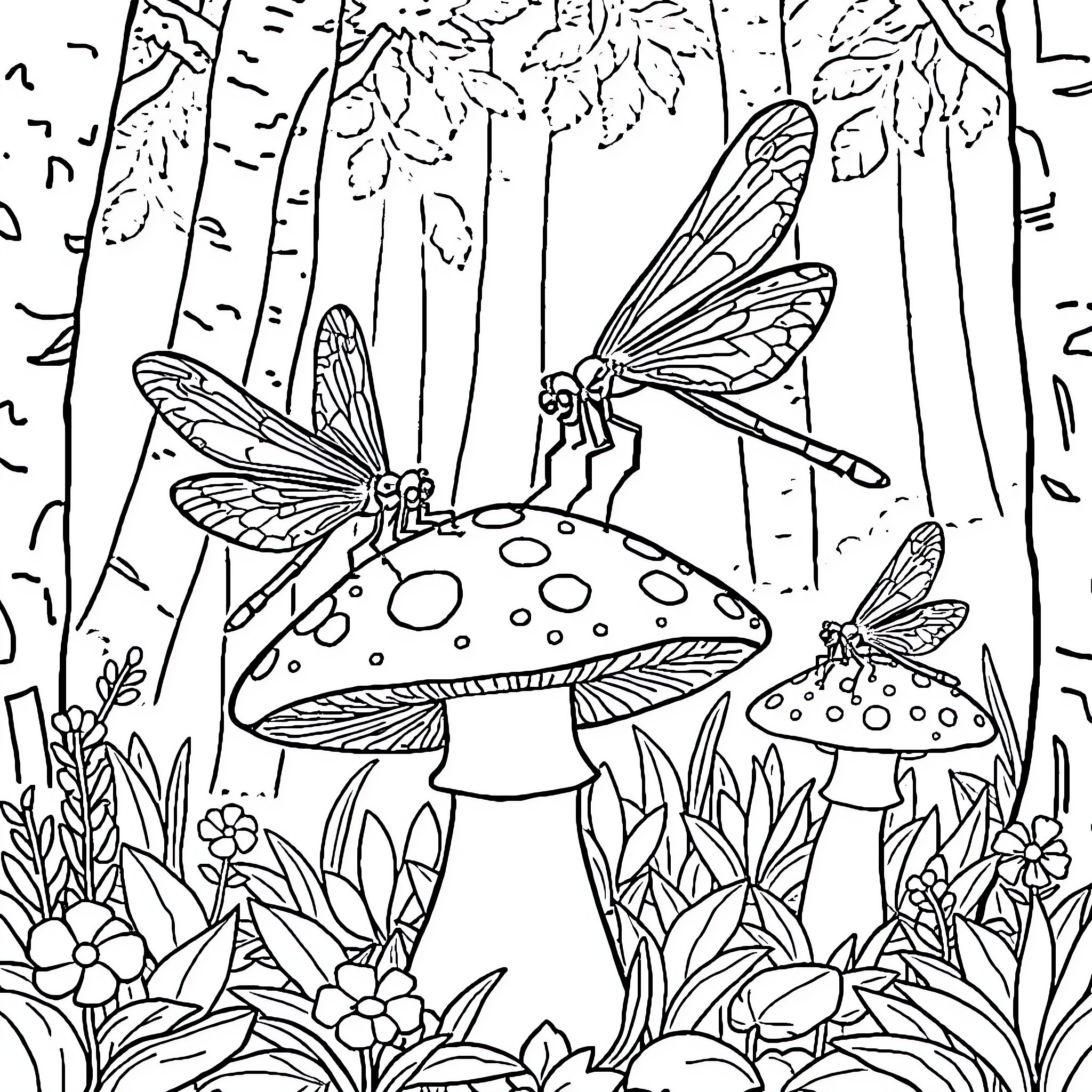 Dragonflies exploring a magical mushroom forest Coloring Page (free black-and-white line drawing printable PDF for all, from beginners to advanced learners, including children, teens, adults, and seniors)