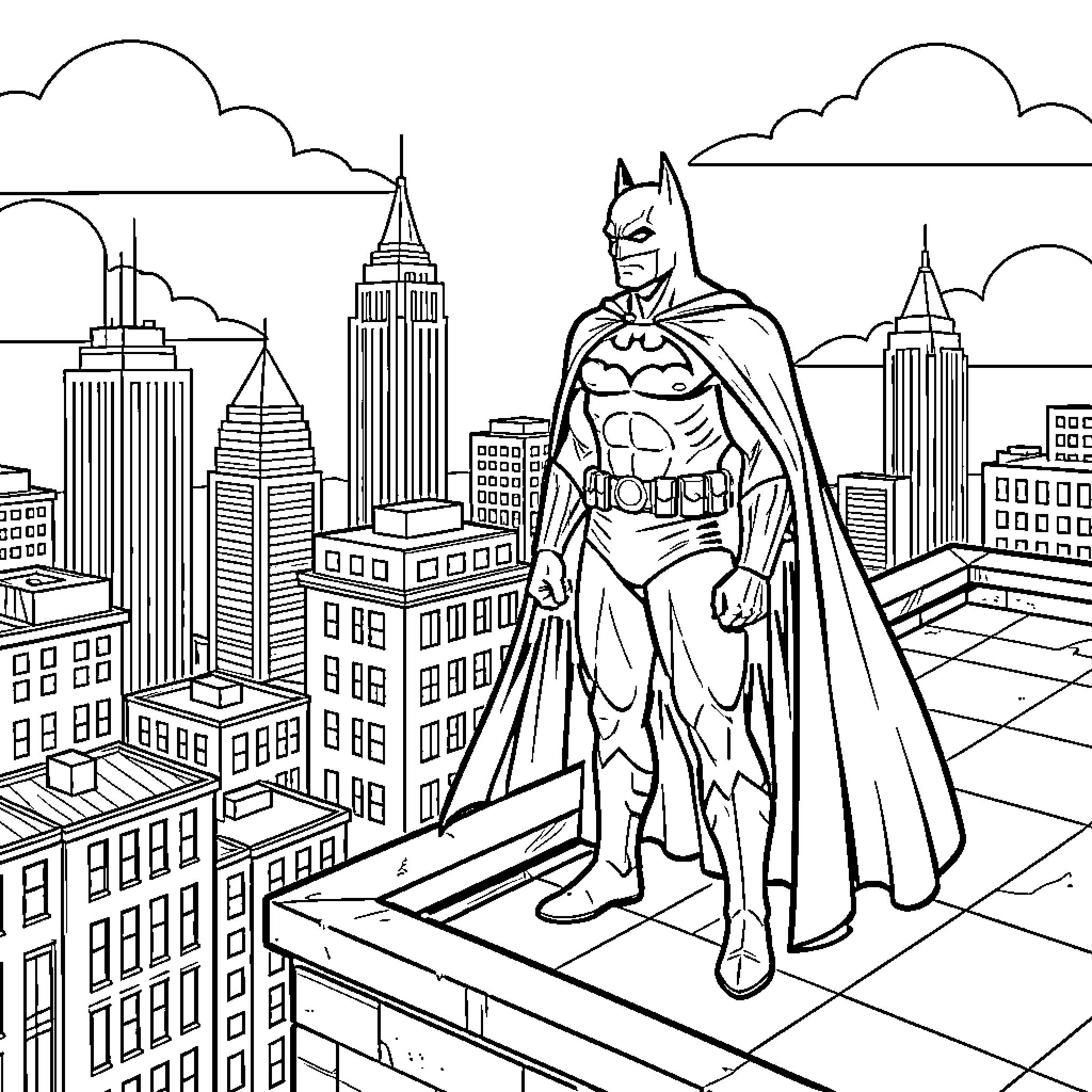 Bateman standing heroically on a city rooftop Coloring Page (free black-and-white line drawing printable PDF for all, from beginners to advanced learners, including children, teens, adults, and seniors)