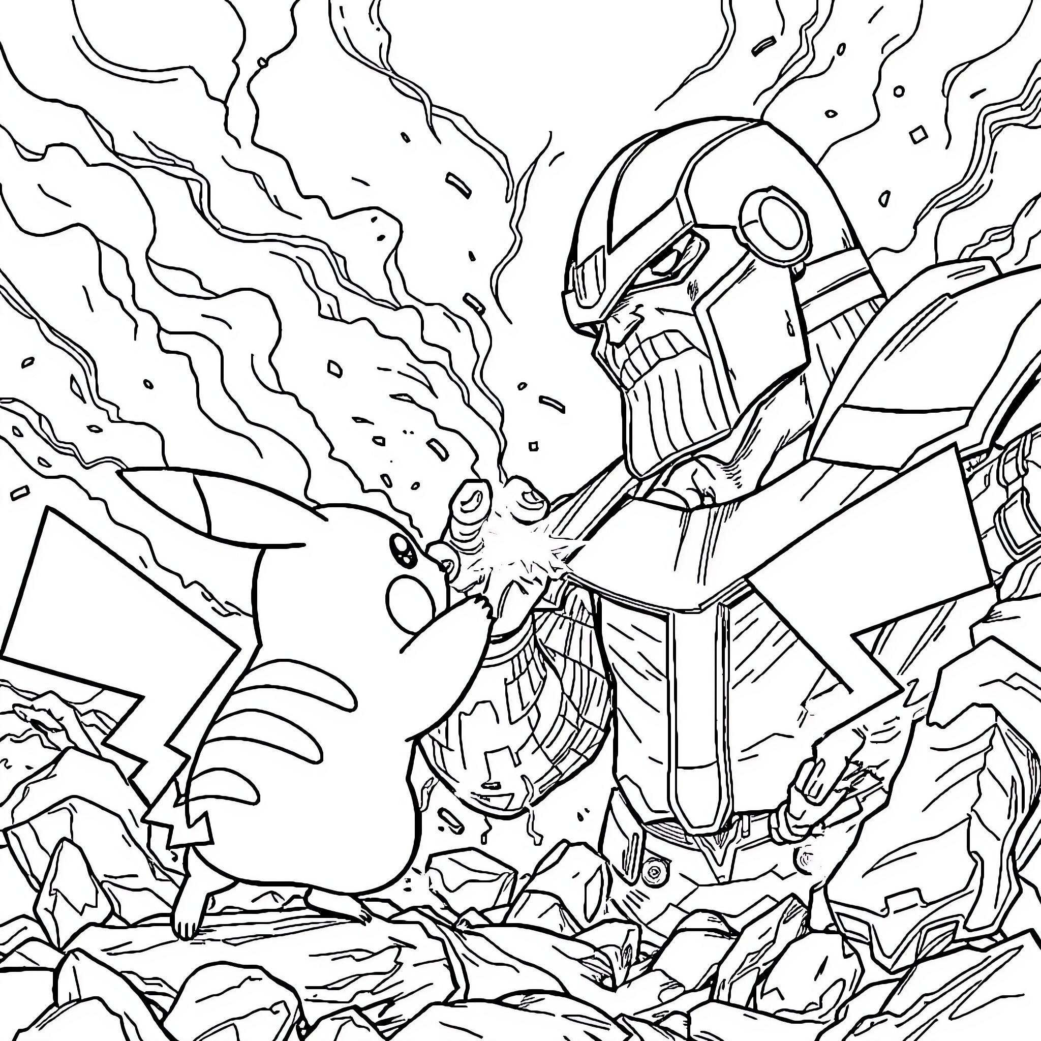 Pikachu battling a mighty robot enemy Coloring Page (free black-and-white line drawing printable PDF for all, from beginners to advanced learners, including children, teens, adults, and seniors)