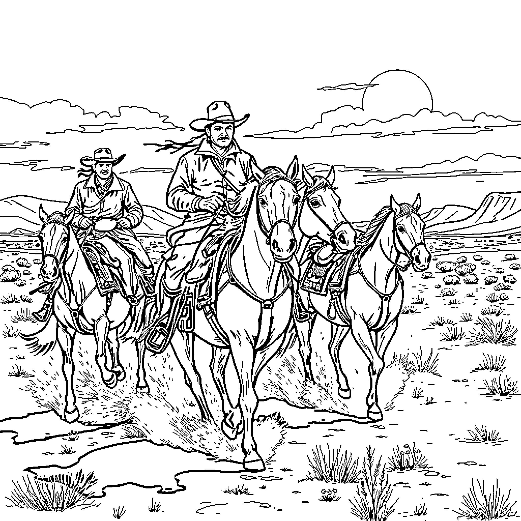 Cowboy horseback riders on the prairie Coloring Page (free black-and-white line drawing printable PDF for all, from beginners to advanced learners, including children, teens, adults, and seniors)