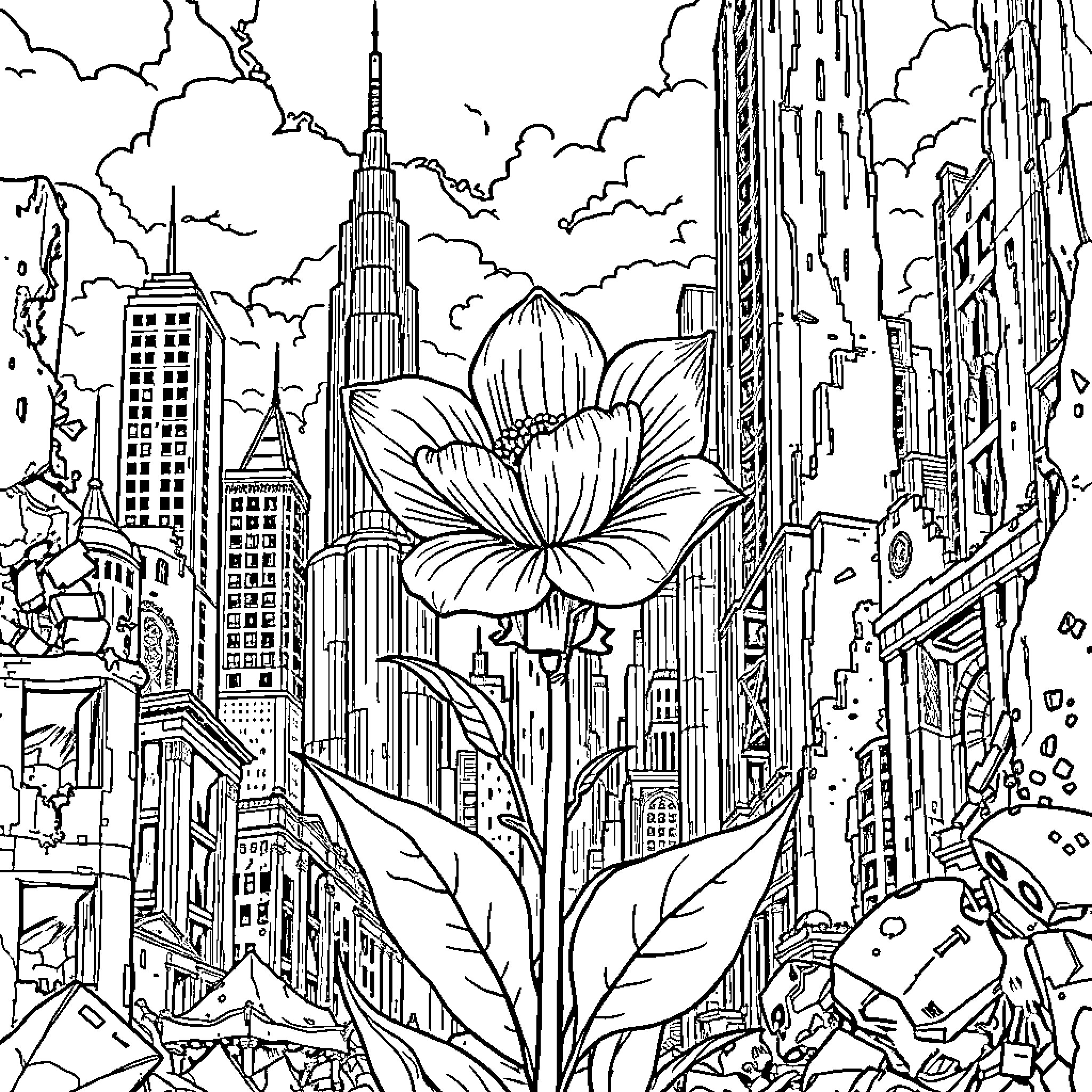 Flower Blooming in a Bustling Cityscape Coloring Page (free black-and-white line drawing printable PDF for all, from beginners to advanced learners, including children, teens, adults, and seniors)