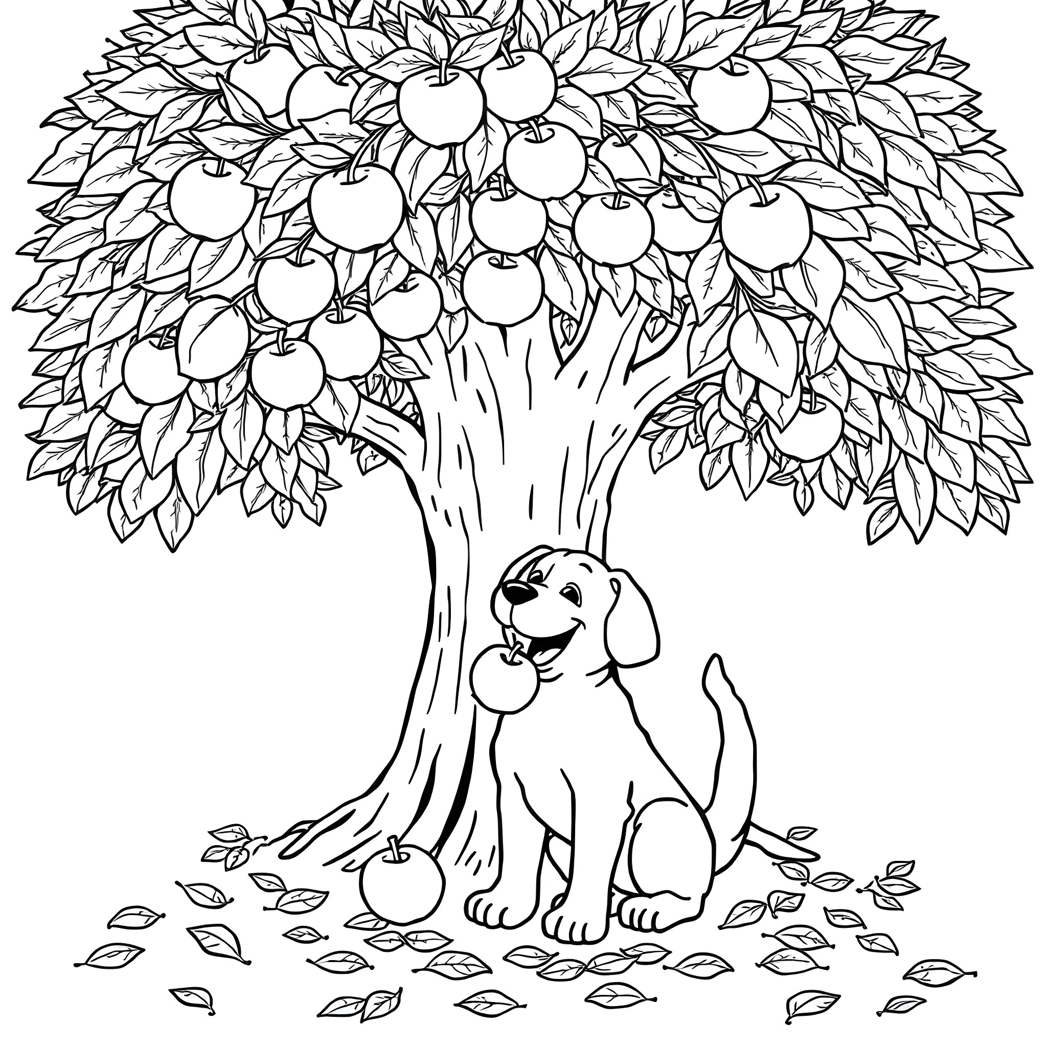 Dog playing under apple tree Coloring Page (free black-and-white line drawing printable PDF for all, from beginners to advanced learners, including children, teens, adults, and seniors)
