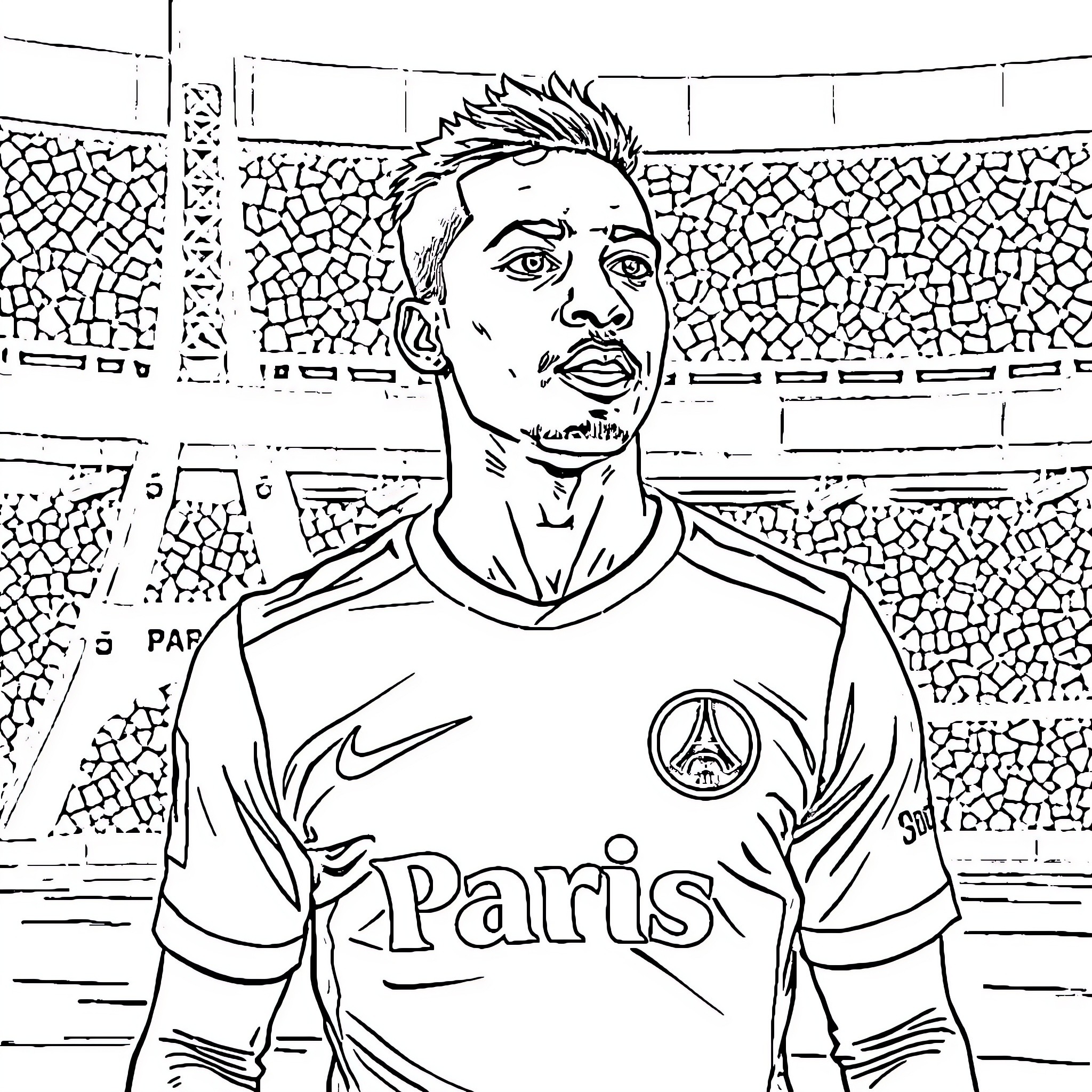 Football Player in Team Uniform at Stadium Coloring Page (free black-and-white line drawing printable PDF for all, from beginners to advanced learners, including children, teens, adults, and seniors)