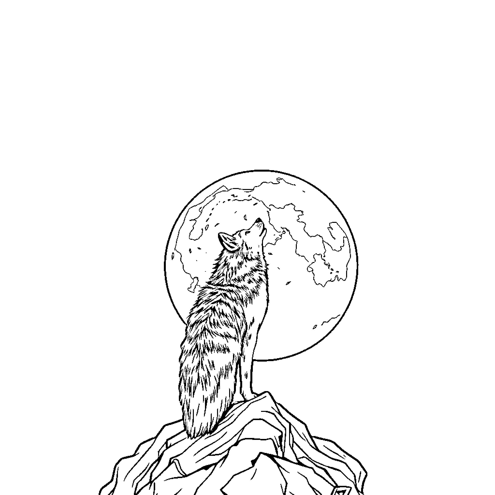 Wolf howling at the moon on a rocky outcrop Coloring Page (free black-and-white line drawing printable PDF for all, from beginners to advanced learners, including children, teens, adults, and seniors)