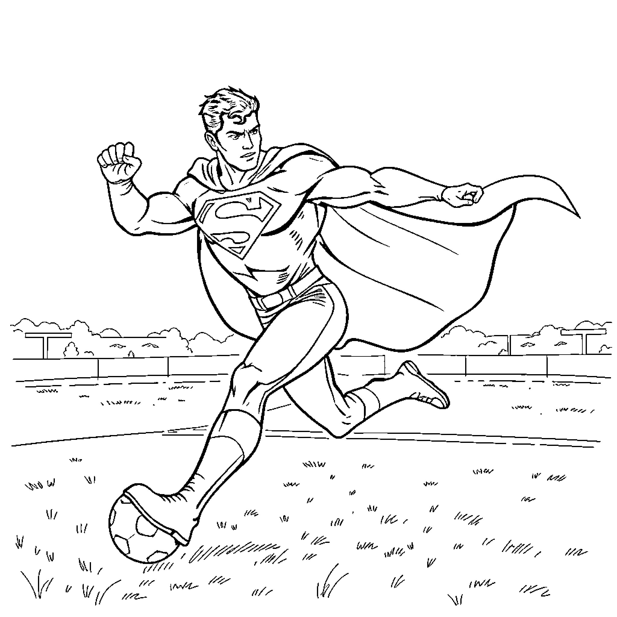 Superman heroically soaring over the city Coloring Page (free black-and-white line drawing printable PDF for all, from beginners to advanced learners, including children, teens, adults, and seniors)