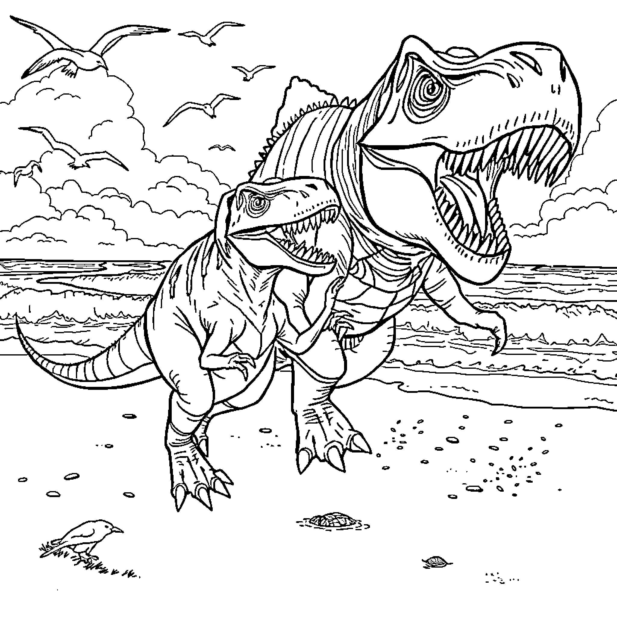Velociraptor attacking prey on the beach Coloring Page (free black-and-white line drawing printable PDF for all, from beginners to advanced learners, including children, teens, adults, and seniors)
