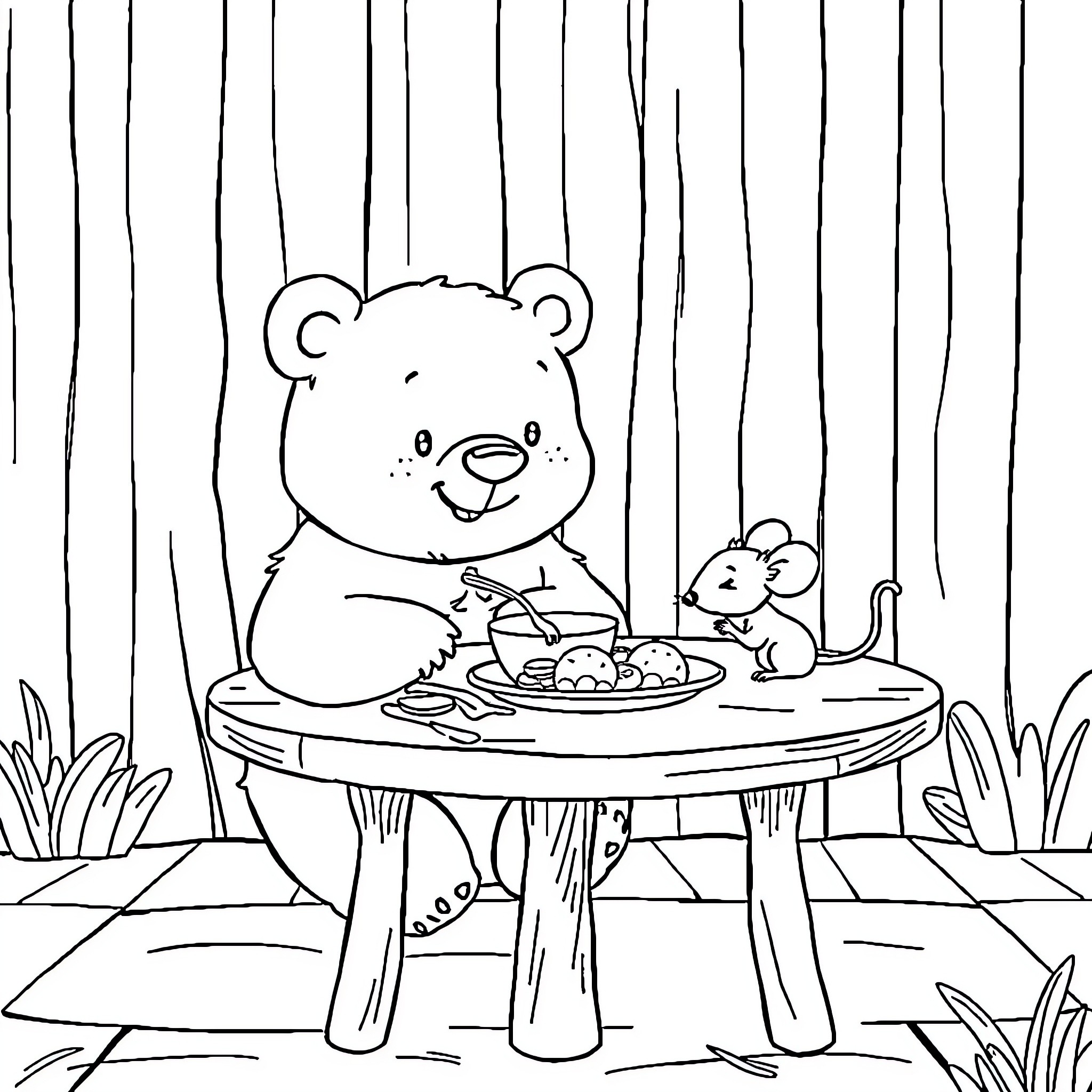 Bear enjoying a snack with woodland friend Coloring Page (free black-and-white line drawing printable PDF for all, from beginners to advanced learners, including children, teens, adults, and seniors)