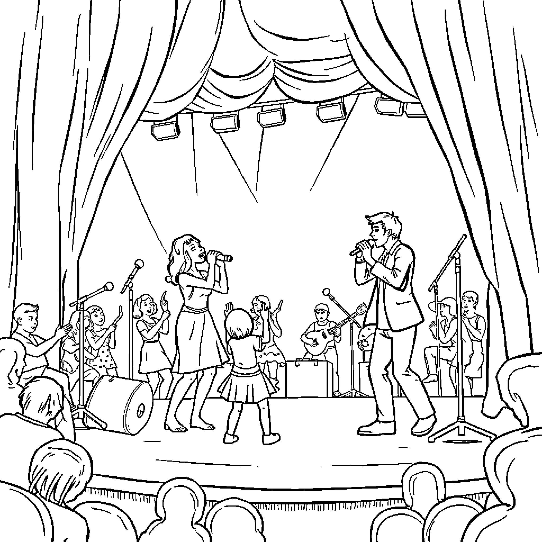 Talent Show on Stage with Performers and Audience Coloring Page (free black-and-white line drawing printable PDF for all, from beginners to advanced learners, including children, teens, adults, and seniors)