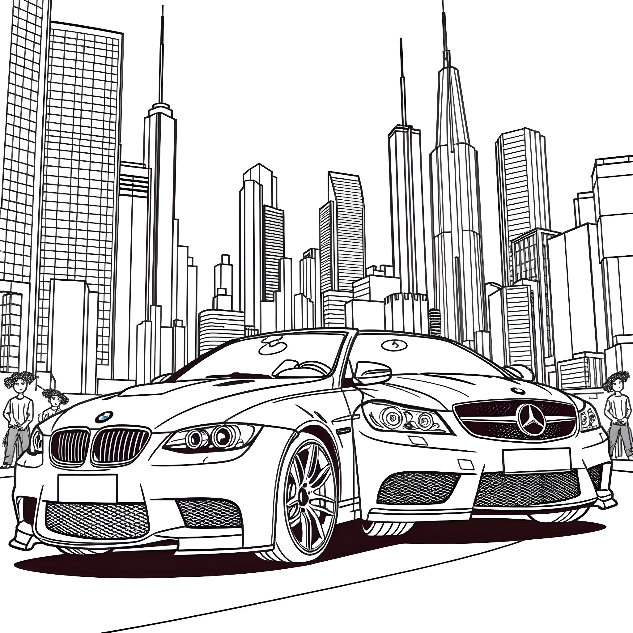 Car Racing through Futuristic City Skyline Coloring Page (free black-and-white line drawing printable PDF for all, from beginners to advanced learners, including children, teens, adults, and seniors)