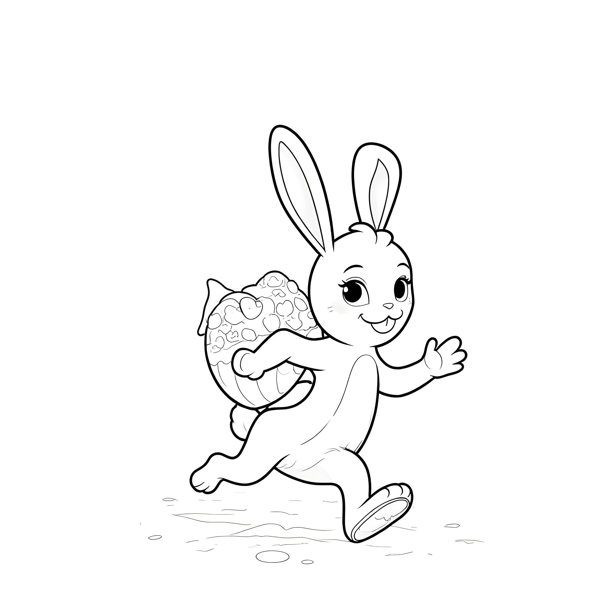 Easter Bunny happily carrying an Easter egg Coloring Page (free black-and-white line drawing printable PDF for all, from beginners to advanced learners, including children, teens, adults, and seniors)