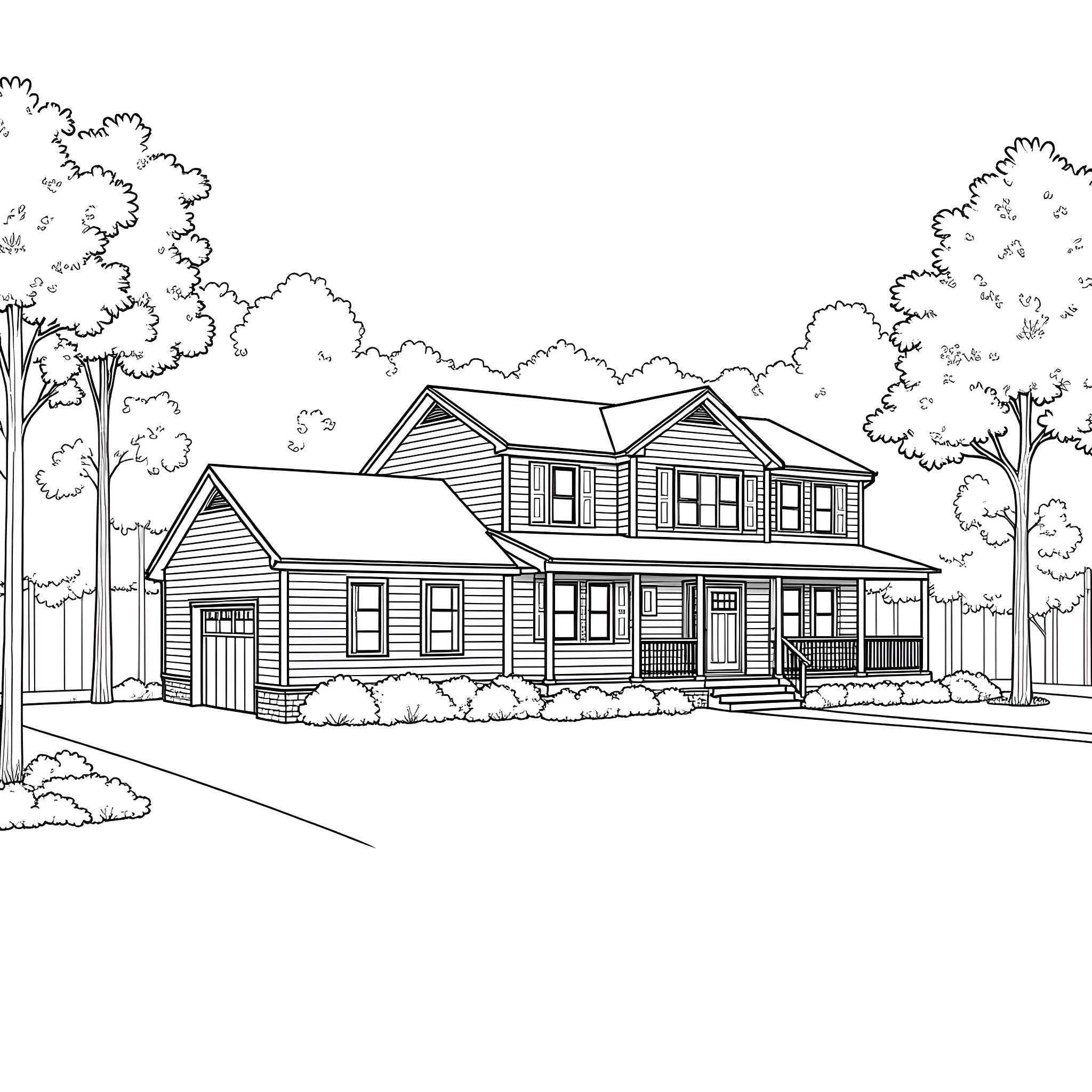 Pinewood House in a Wooded Landscape Coloring Page (free black-and-white line drawing printable PDF for all, from beginners to advanced learners, including children, teens, adults, and seniors)