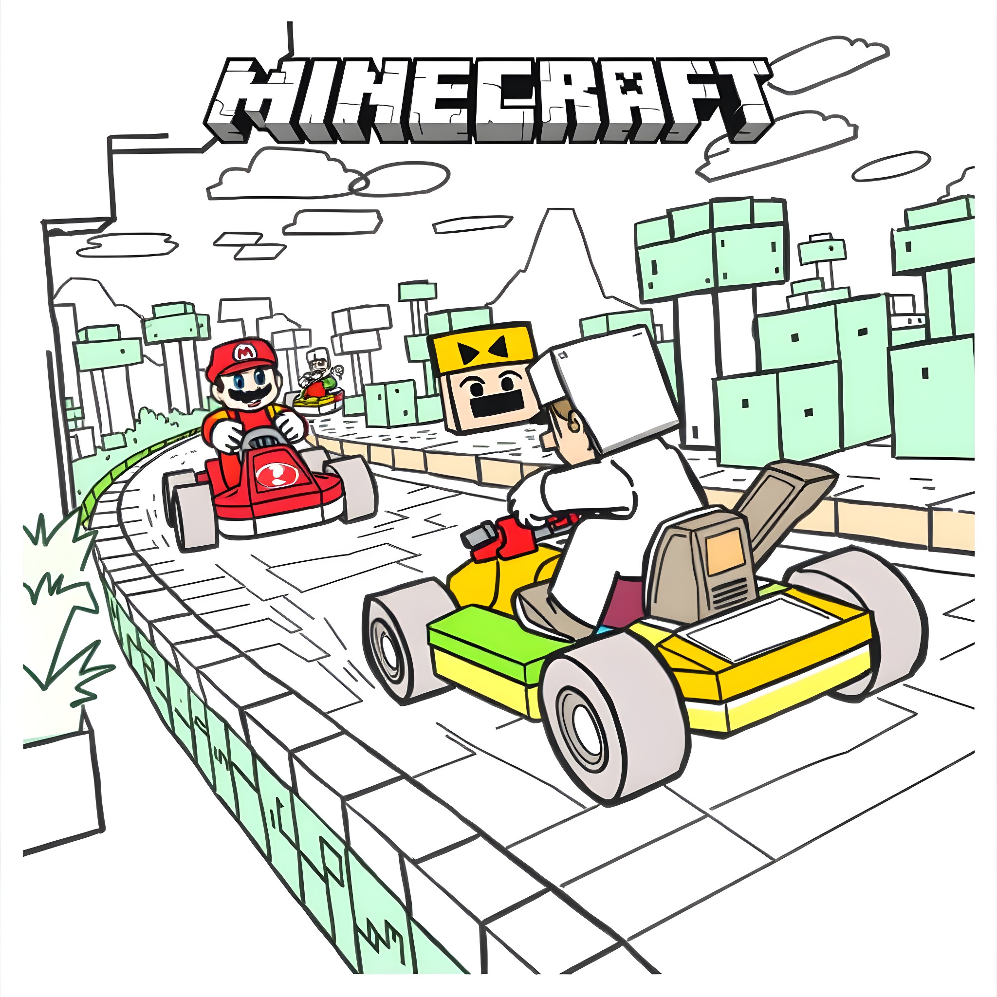 Mario Kart Race Through Minecraft Landscape Coloring Page (free black-and-white line drawing printable PDF for all, from beginners to advanced learners, including children, teens, adults, and seniors)