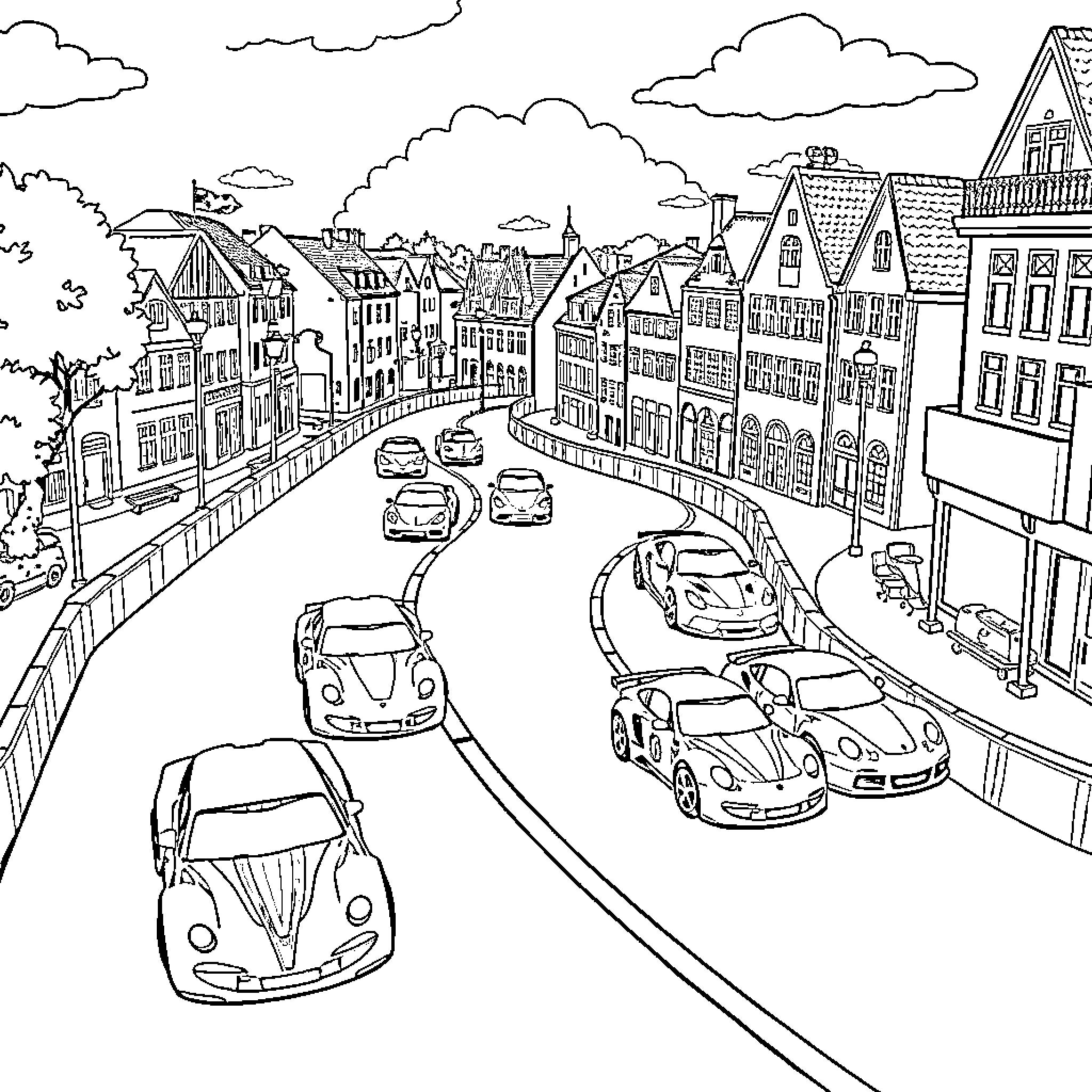 Car Traffic on a Busy City Street Coloring Page (free black-and-white line drawing printable PDF for all, from beginners to advanced learners, including children, teens, adults, and seniors)