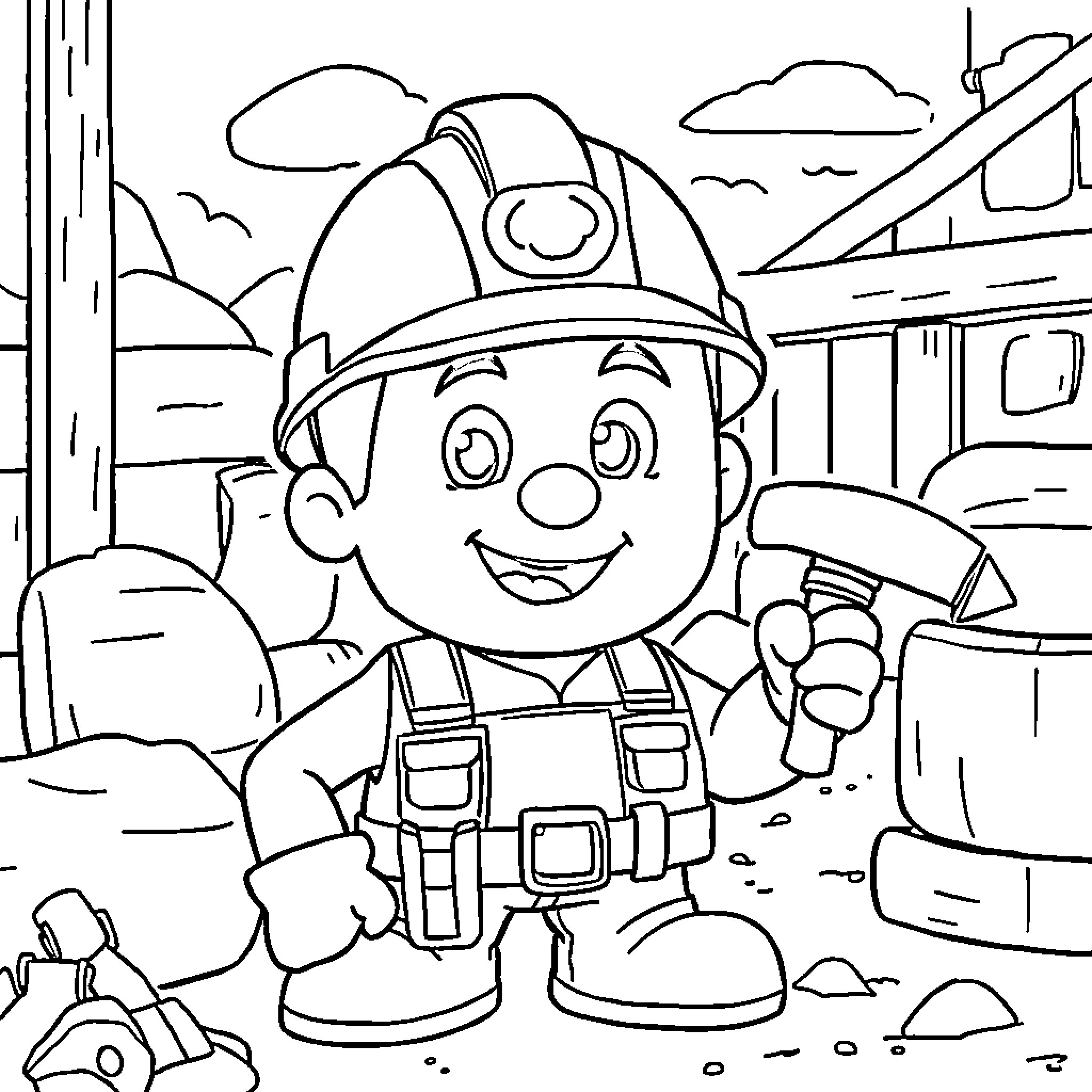 Bob the Builder exploring a construction site with tools Coloring Page (free black-and-white line drawing printable PDF for all, from beginners to advanced learners, including children, teens, adults, and seniors)