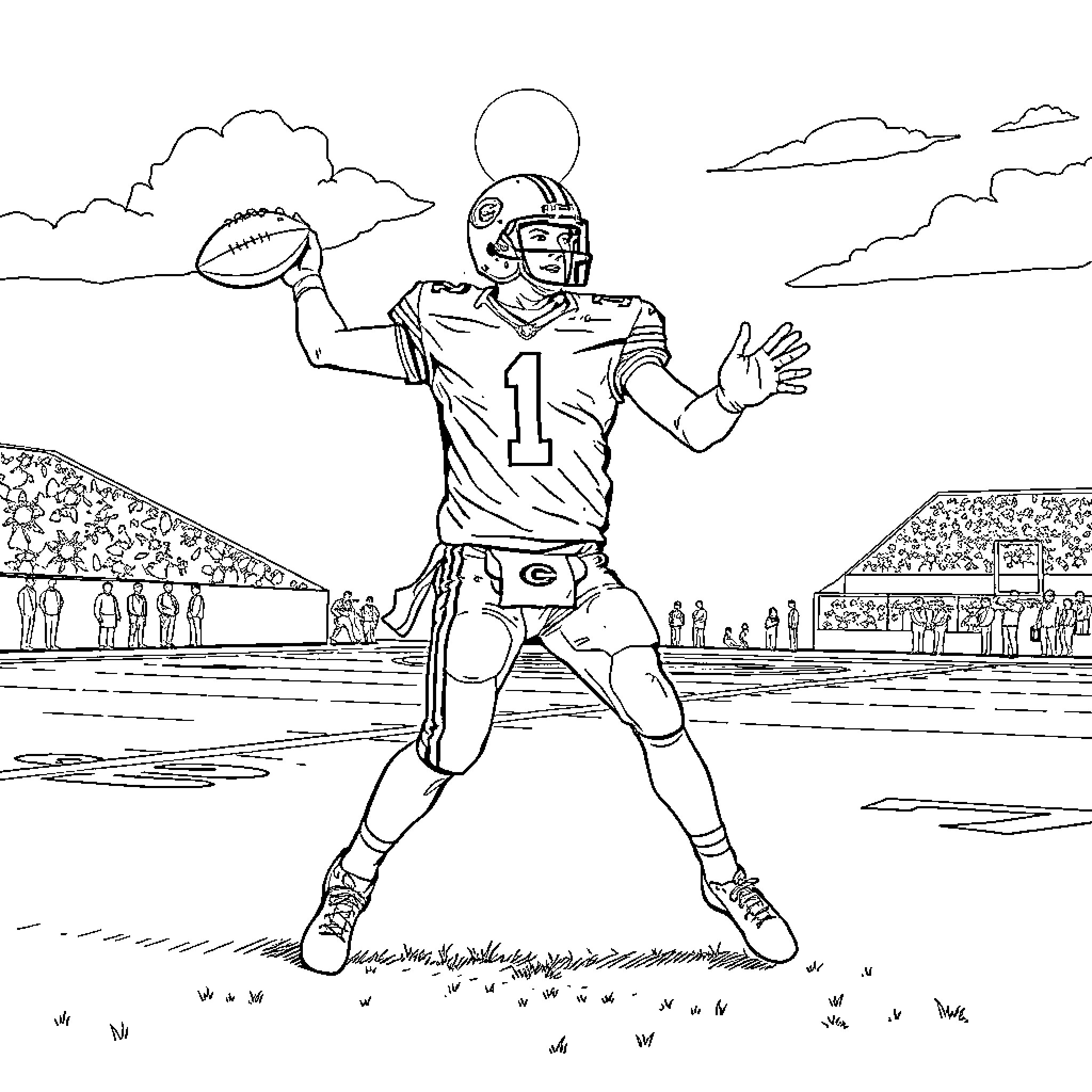 Josh Allen throwing football on the field Coloring Page (free black-and-white line drawing printable PDF for all, from beginners to advanced learners, including children, teens, adults, and seniors)