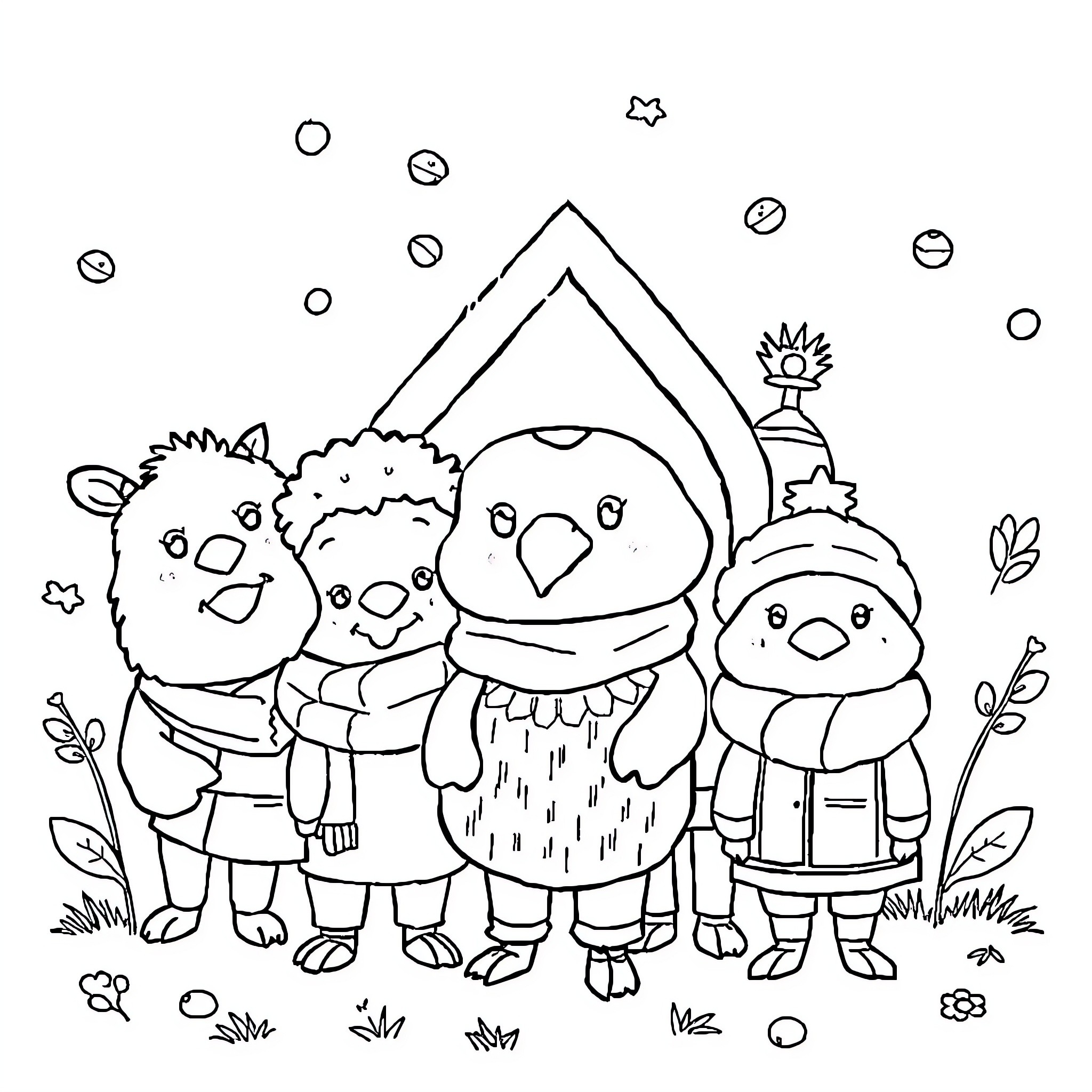 Character friends enjoying outdoor adventure Coloring Page (free black-and-white line drawing printable PDF for all, from beginners to advanced learners, including children, teens, adults, and seniors)