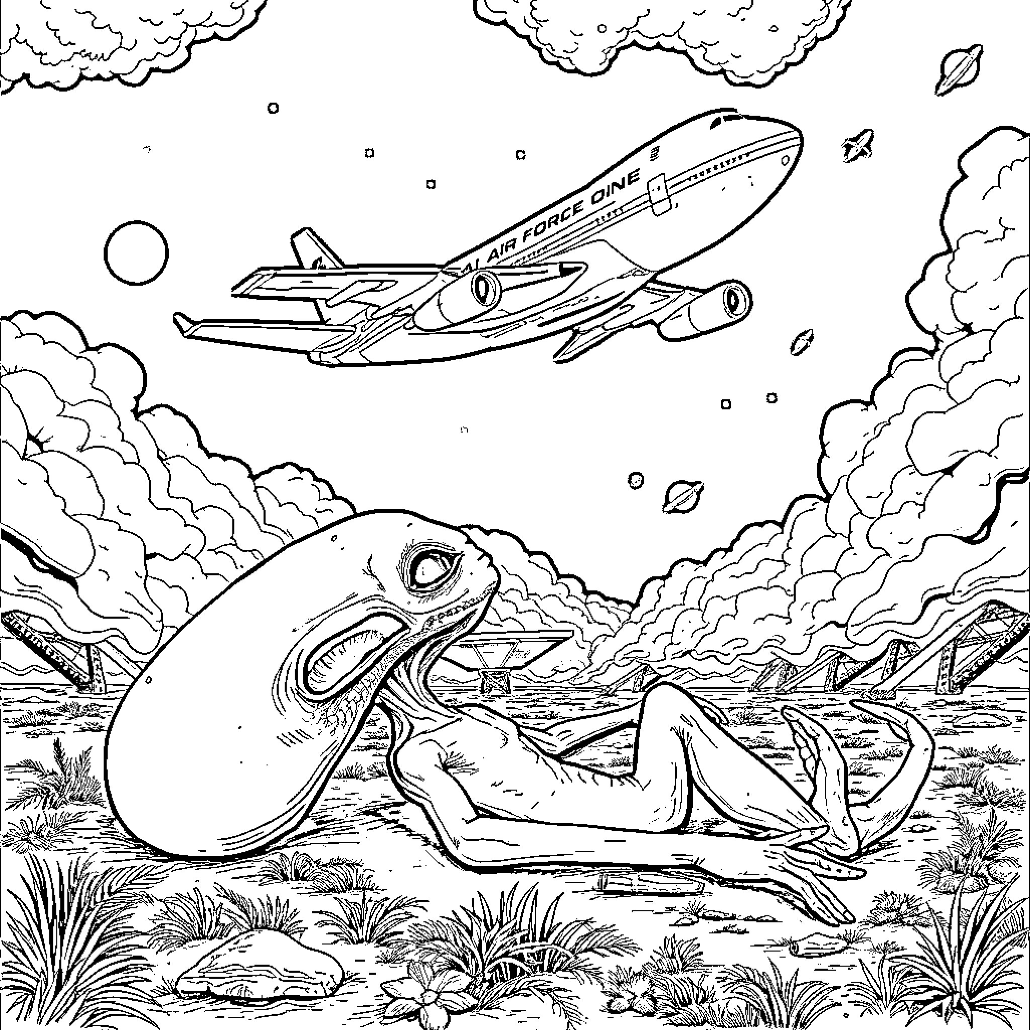 Alien spacecraft and strange creature in the wilderness Coloring Page (free black-and-white line drawing printable PDF for all, from beginners to advanced learners, including children, teens, adults, and seniors)