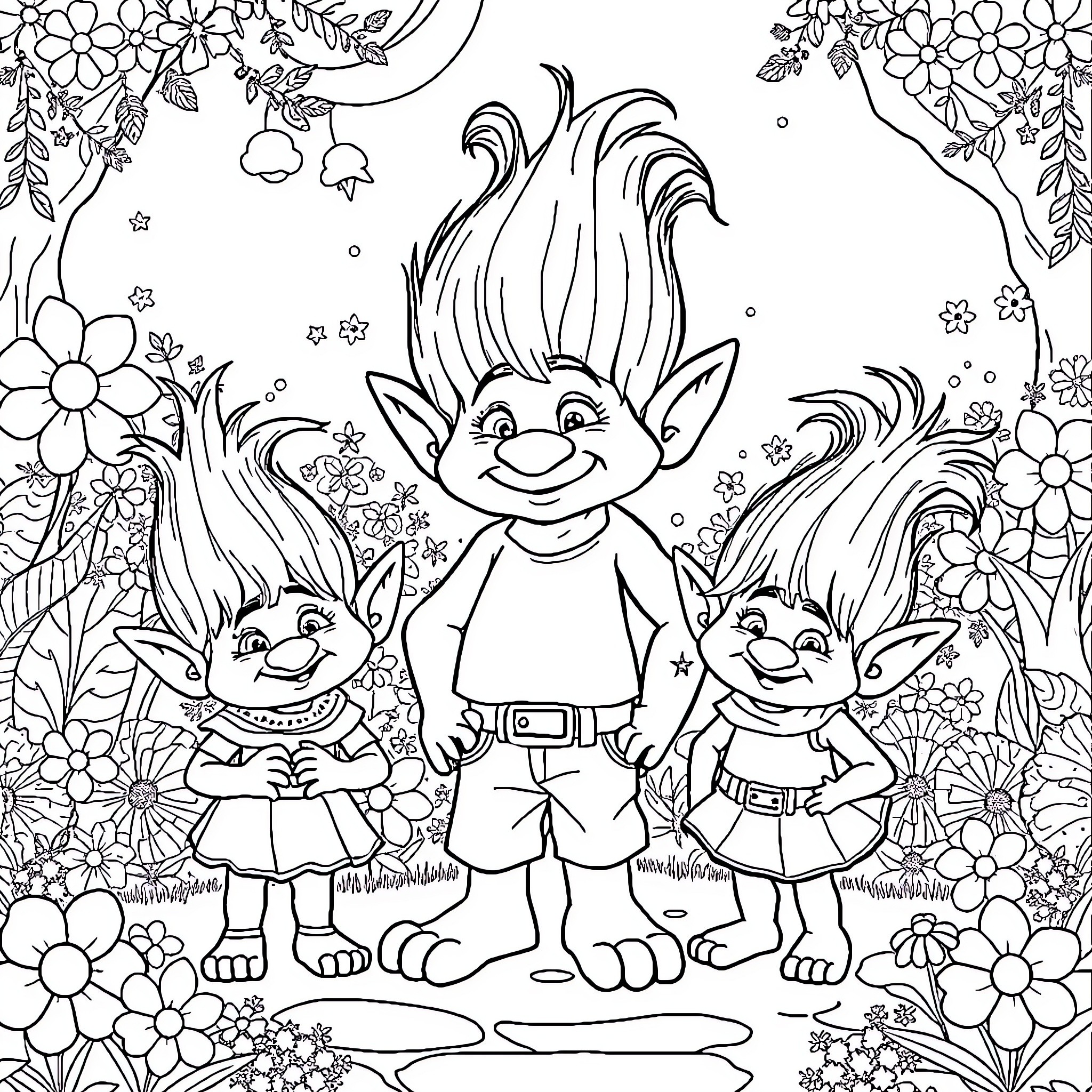 Troll friends explore enchanted forest Coloring Page (free black-and-white line drawing printable PDF for all, from beginners to advanced learners, including children, teens, adults, and seniors)