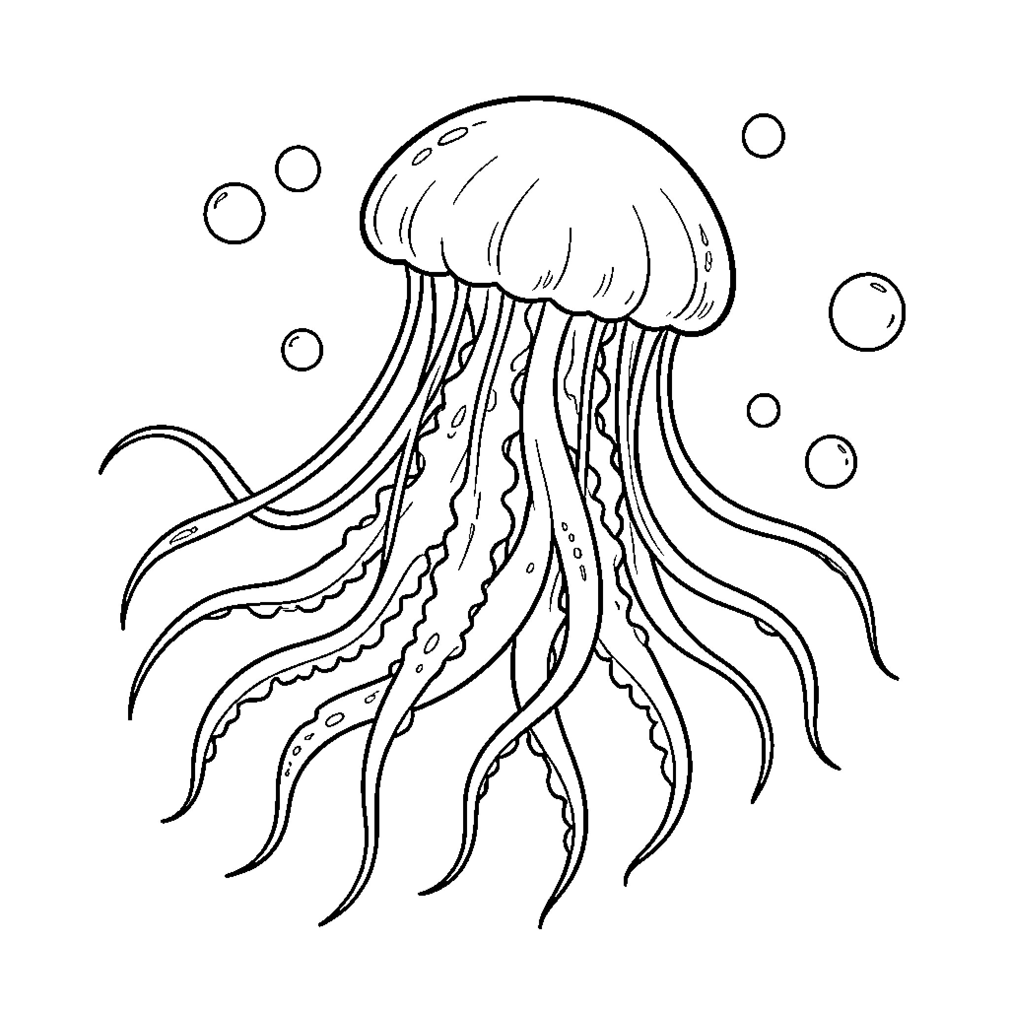 Jellyfish floating gracefully amidst rising bubbles Coloring Page (free black-and-white line drawing printable PDF for all, from beginners to advanced learners, including children, teens, adults, and seniors)