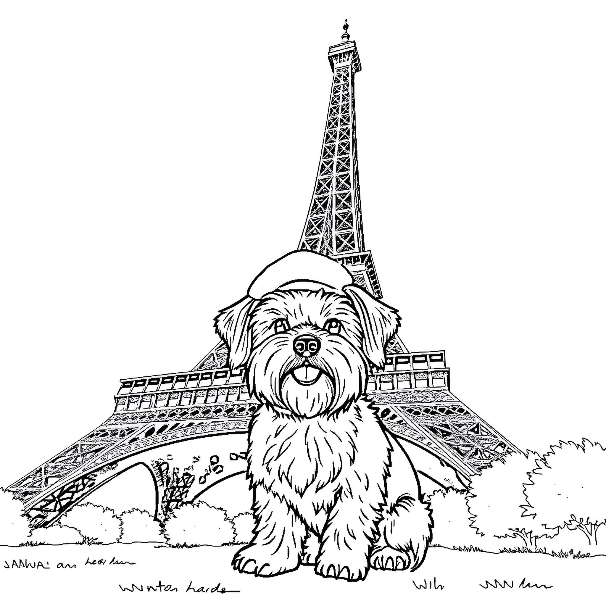 Maltese Dog visiting the Eiffel Tower Coloring Page (free black-and-white line drawing printable PDF for all, from beginners to advanced learners, including children, teens, adults, and seniors)