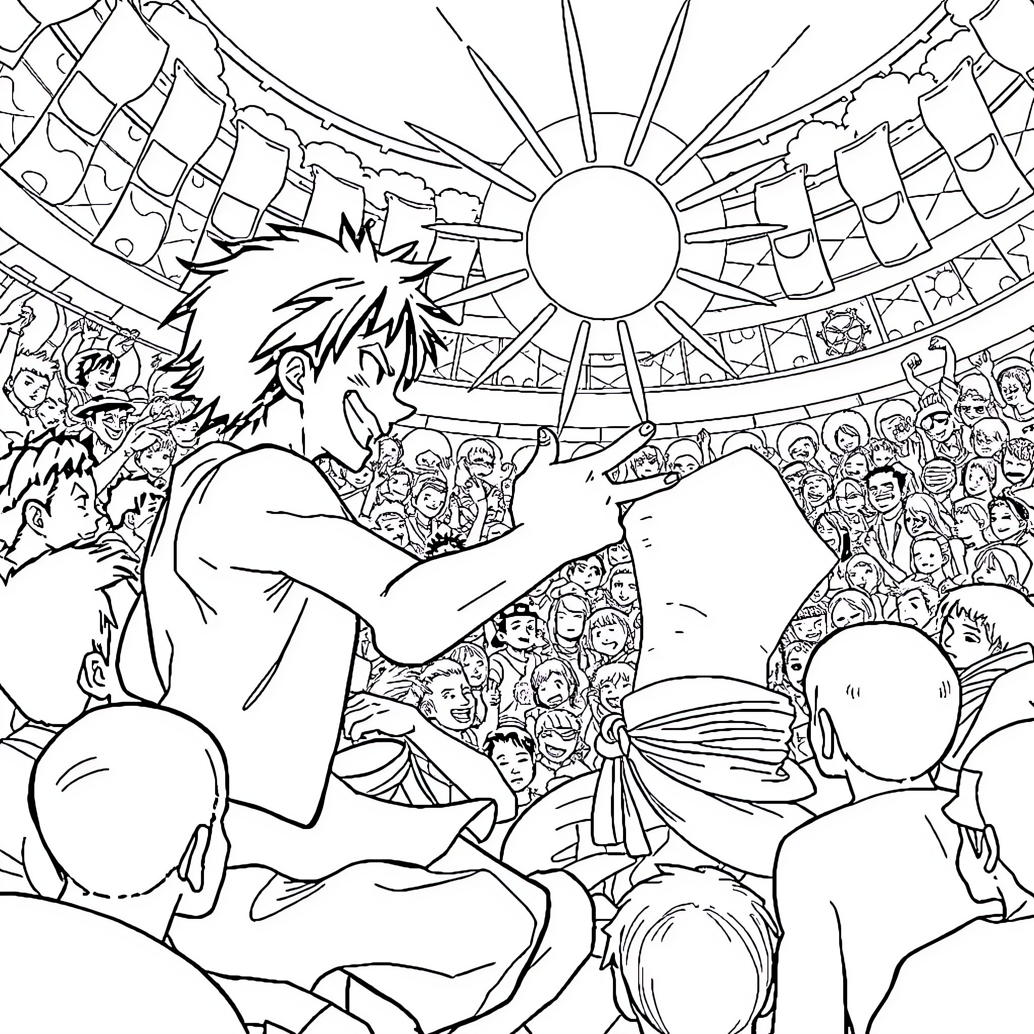 Luffy's Energetic Performance on Stage Coloring Page (free black-and-white line drawing printable PDF for all, from beginners to advanced learners, including children, teens, adults, and seniors)