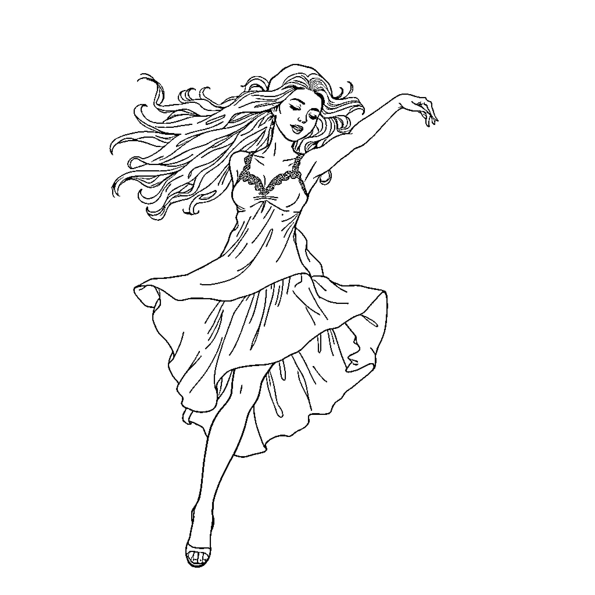 Woman dancing gracefully in flowing dress Coloring Page (free black-and-white line drawing printable PDF for all, from beginners to advanced learners, including children, teens, adults, and seniors)