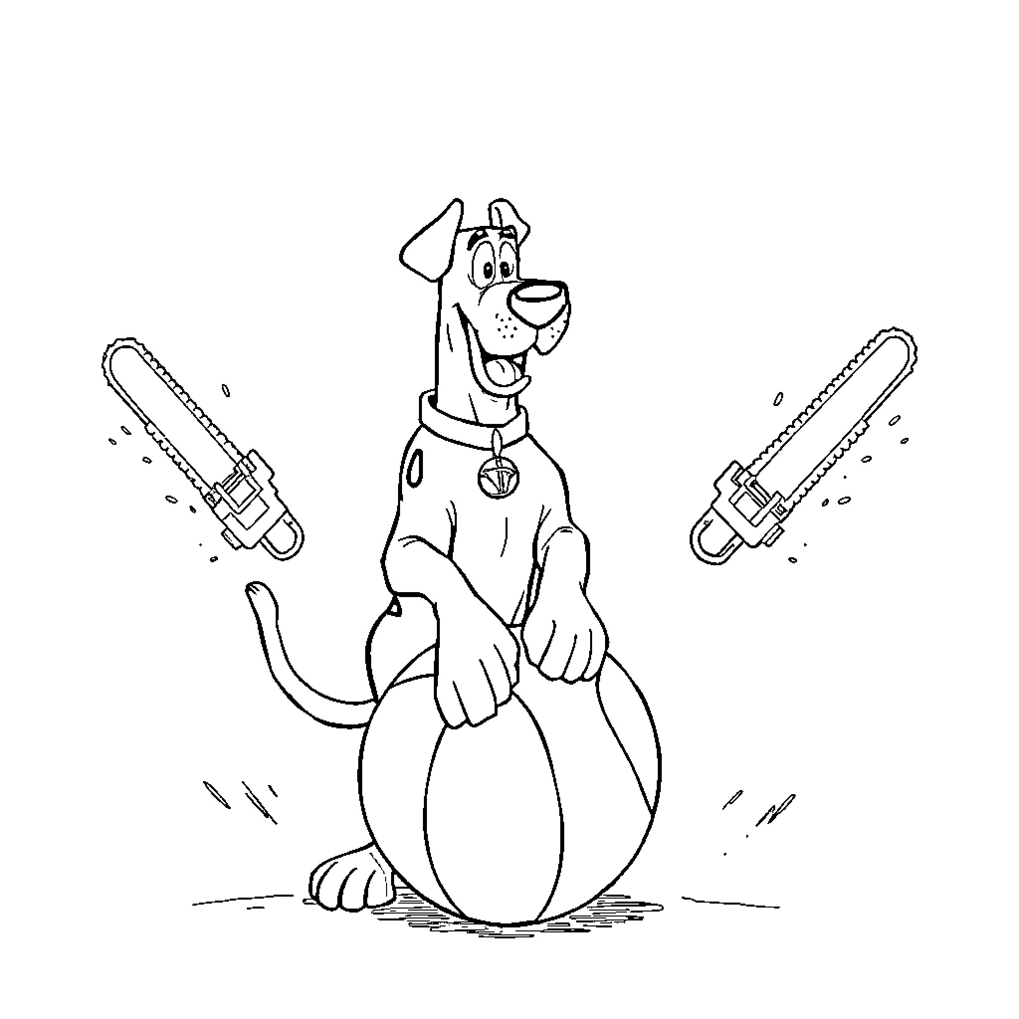 Scooby Doo's Chaotic Misadventures with Chainsaws Coloring Page (free black-and-white line drawing printable PDF for all, from beginners to advanced learners, including children, teens, adults, and seniors)