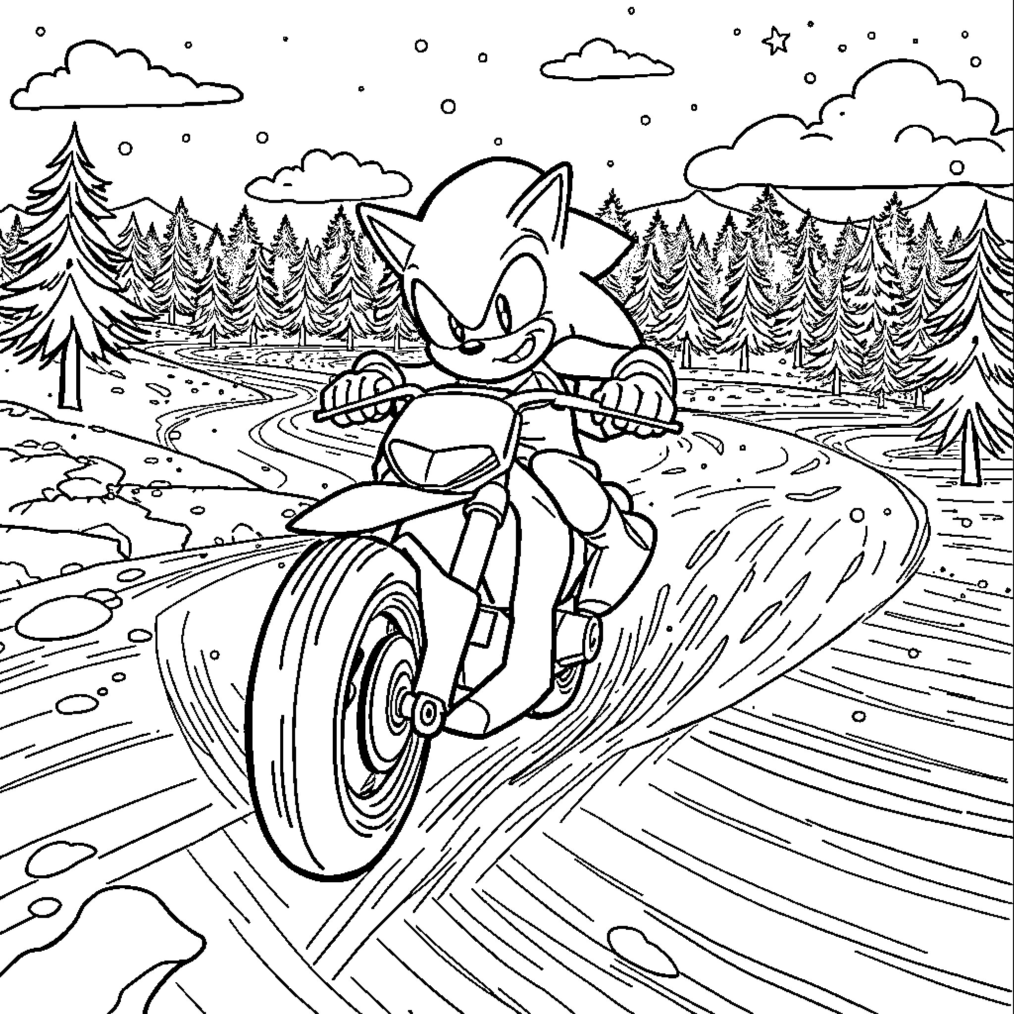 Sonic riding a motorcycle through a snowy landscape Coloring Page (free black-and-white line drawing printable PDF for all, from beginners to advanced learners, including children, teens, adults, and seniors)