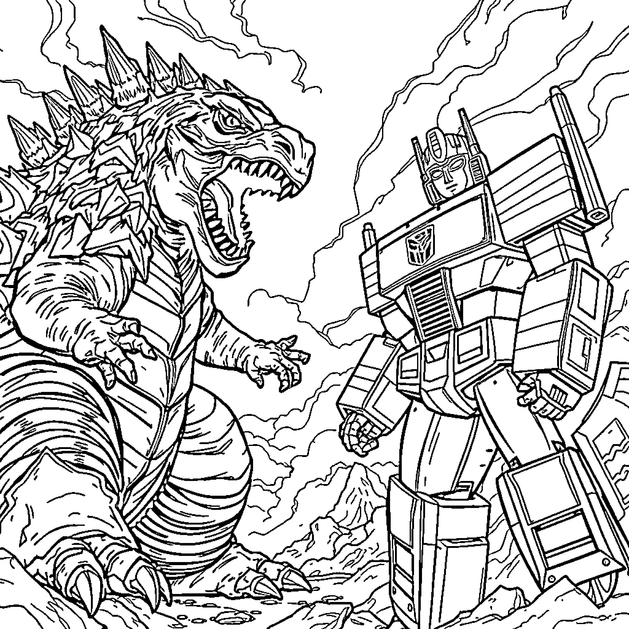 Godzilla confronting a Transformers robot in battle Coloring Page (free black-and-white line drawing printable PDF for all, from beginners to advanced learners, including children, teens, adults, and seniors)