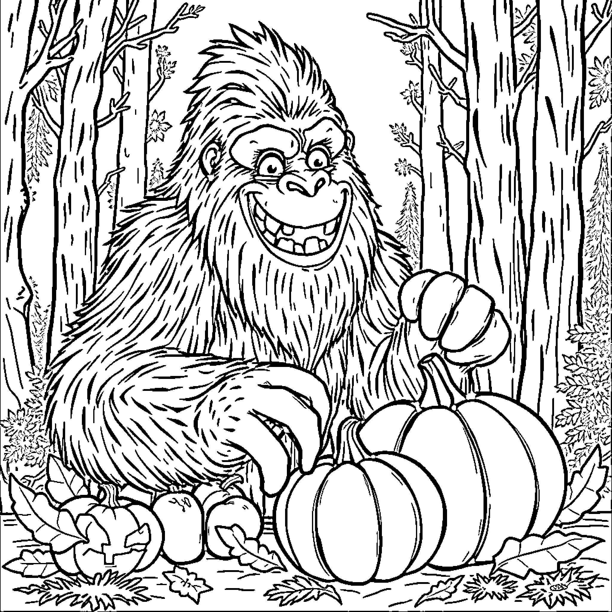 Bigfoot enjoying a pumpkin patch in the forest Coloring Page (free black-and-white line drawing printable PDF for all, from beginners to advanced learners, including children, teens, adults, and seniors)
