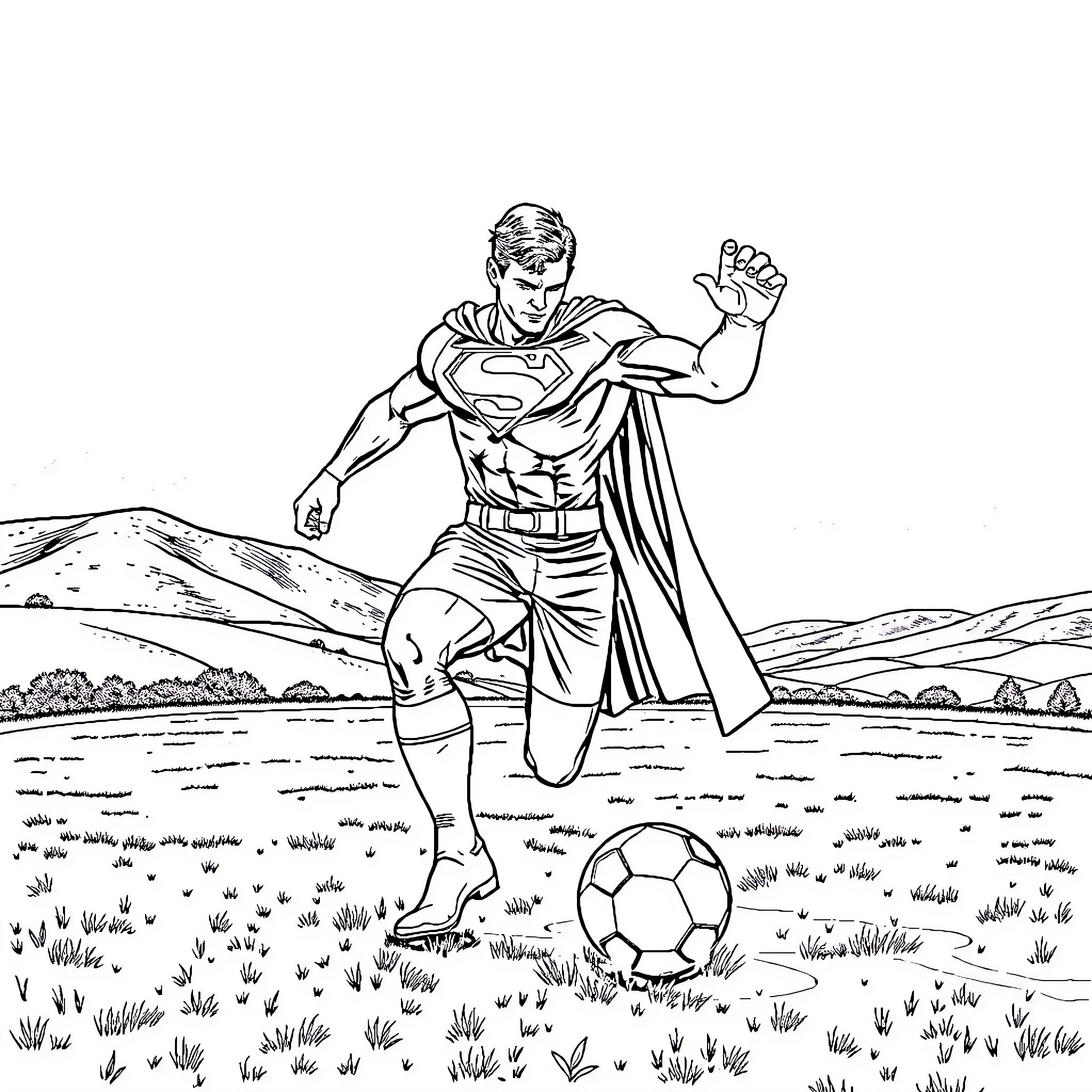 Superman playing with a soccer ball in the countryside Coloring Page (free black-and-white line drawing printable PDF for all, from beginners to advanced learners, including children, teens, adults, and seniors)