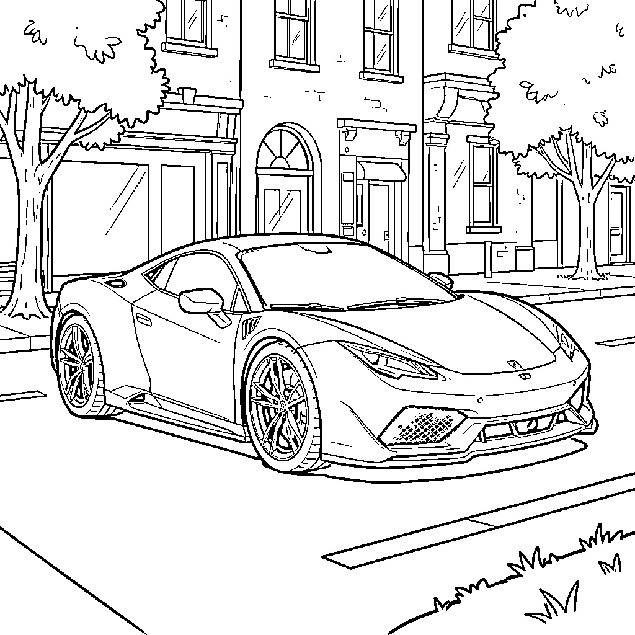 Sports Car parked on a quiet city street Coloring Page (free black-and-white line drawing printable PDF for all, from beginners to advanced learners, including children, teens, adults, and seniors)