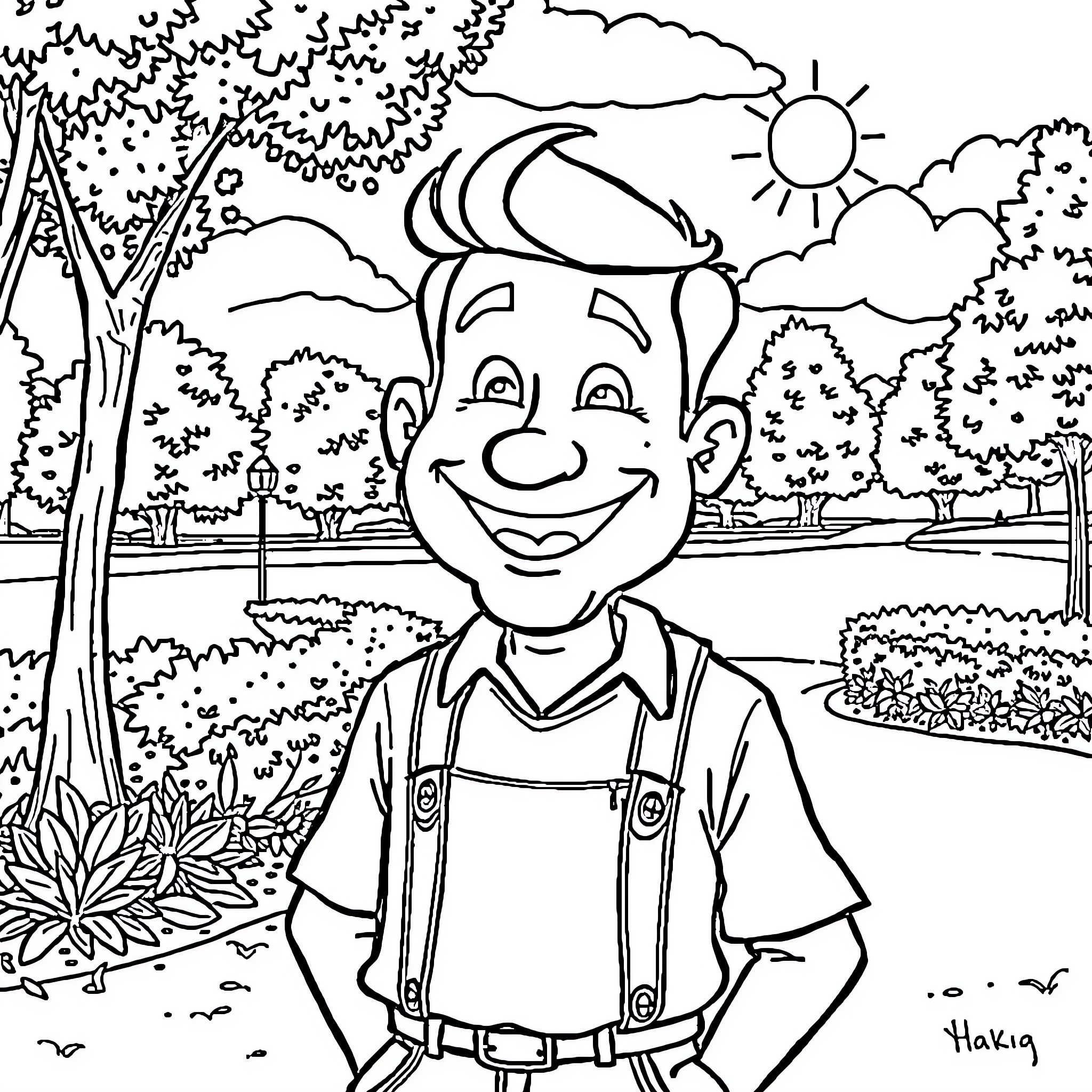 Bob enjoying a sunny day outdoors Coloring Page (free black-and-white line drawing printable PDF for all, from beginners to advanced learners, including children, teens, adults, and seniors)