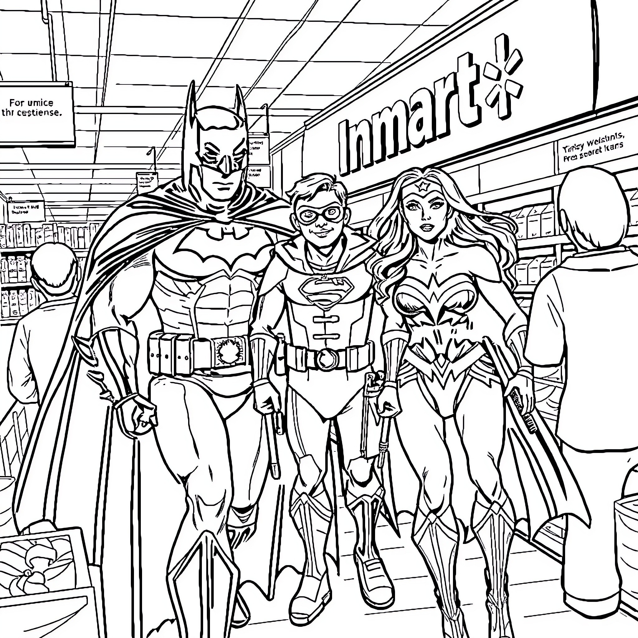 Batman, Superman, and Wonder Woman in a Walmart-style store Coloring Page (free black-and-white line drawing printable PDF for all, from beginners to advanced learners, including children, teens, adults, and seniors)