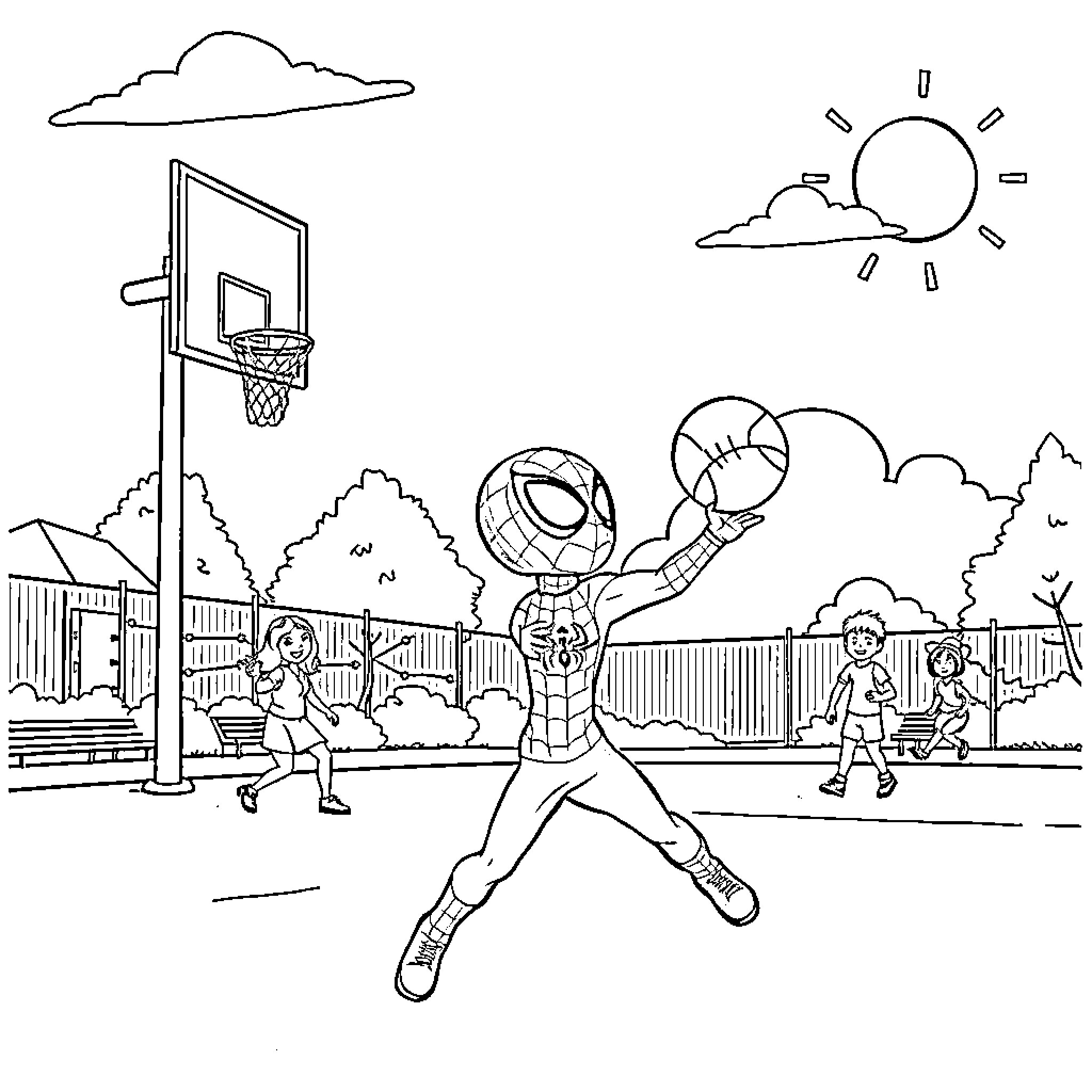 Spider-themed character playing basketball on the court Coloring Page (free black-and-white line drawing printable PDF for all, from beginners to advanced learners, including children, teens, adults, and seniors)