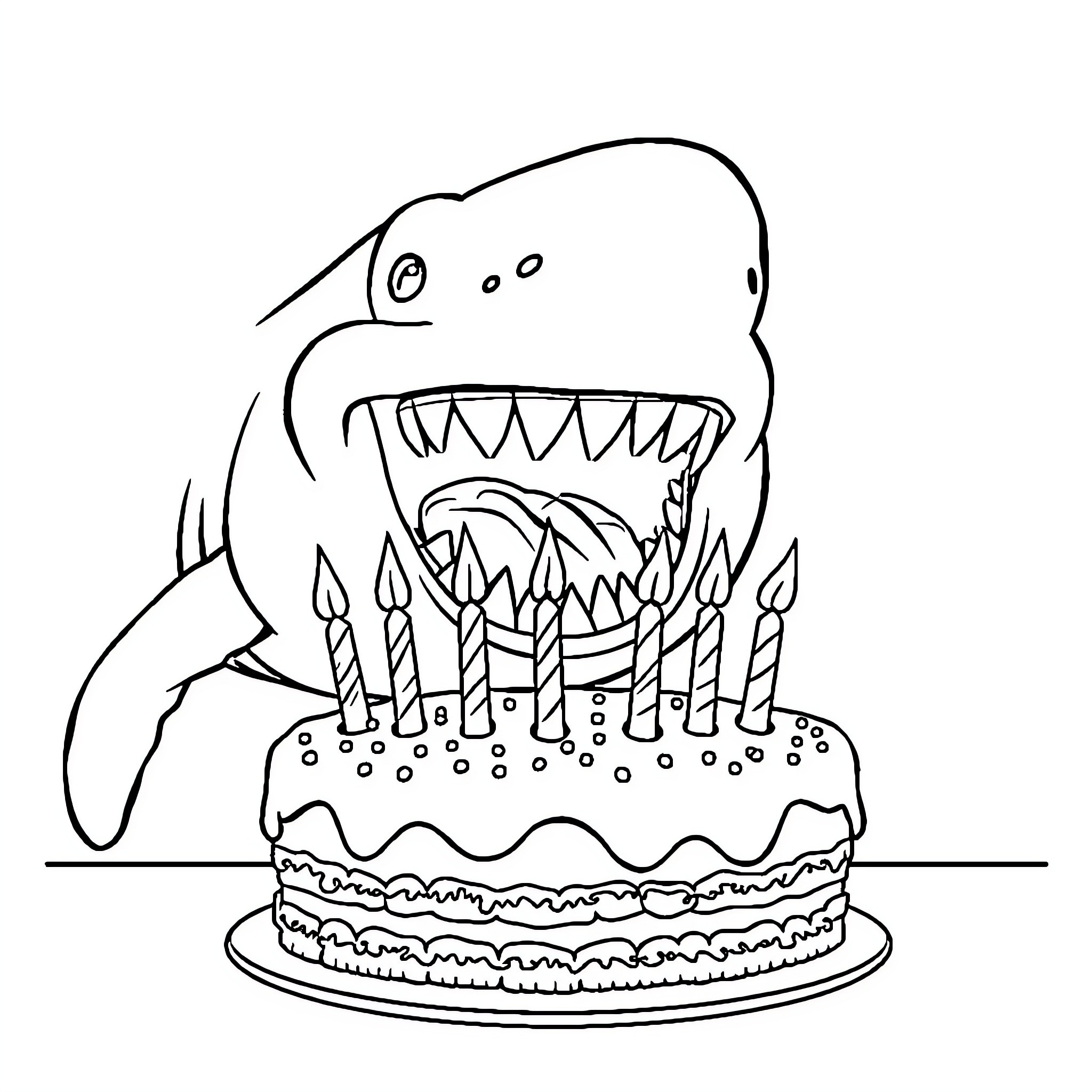 Shark eating a birthday cake with candles Coloring Page (free black-and-white line drawing printable PDF for all, from beginners to advanced learners, including children, teens, adults, and seniors)