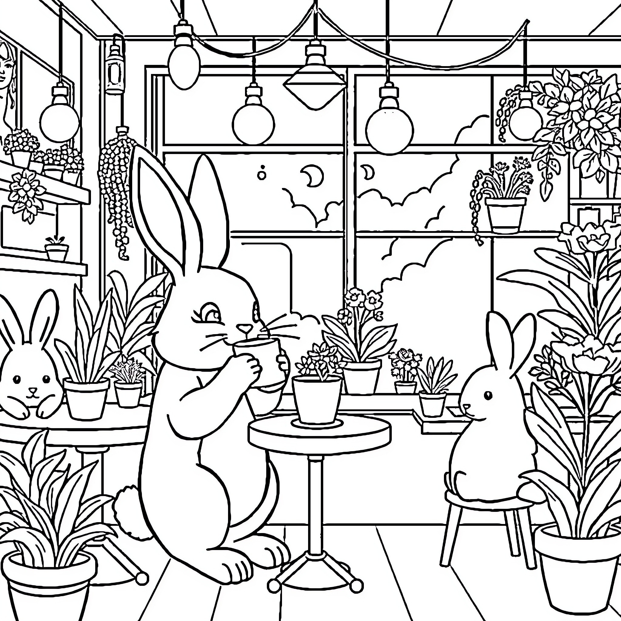 Bunny tending to plants in cozy greenhouse Coloring Page (free black-and-white line drawing printable PDF for all, from beginners to advanced learners, including children, teens, adults, and seniors)