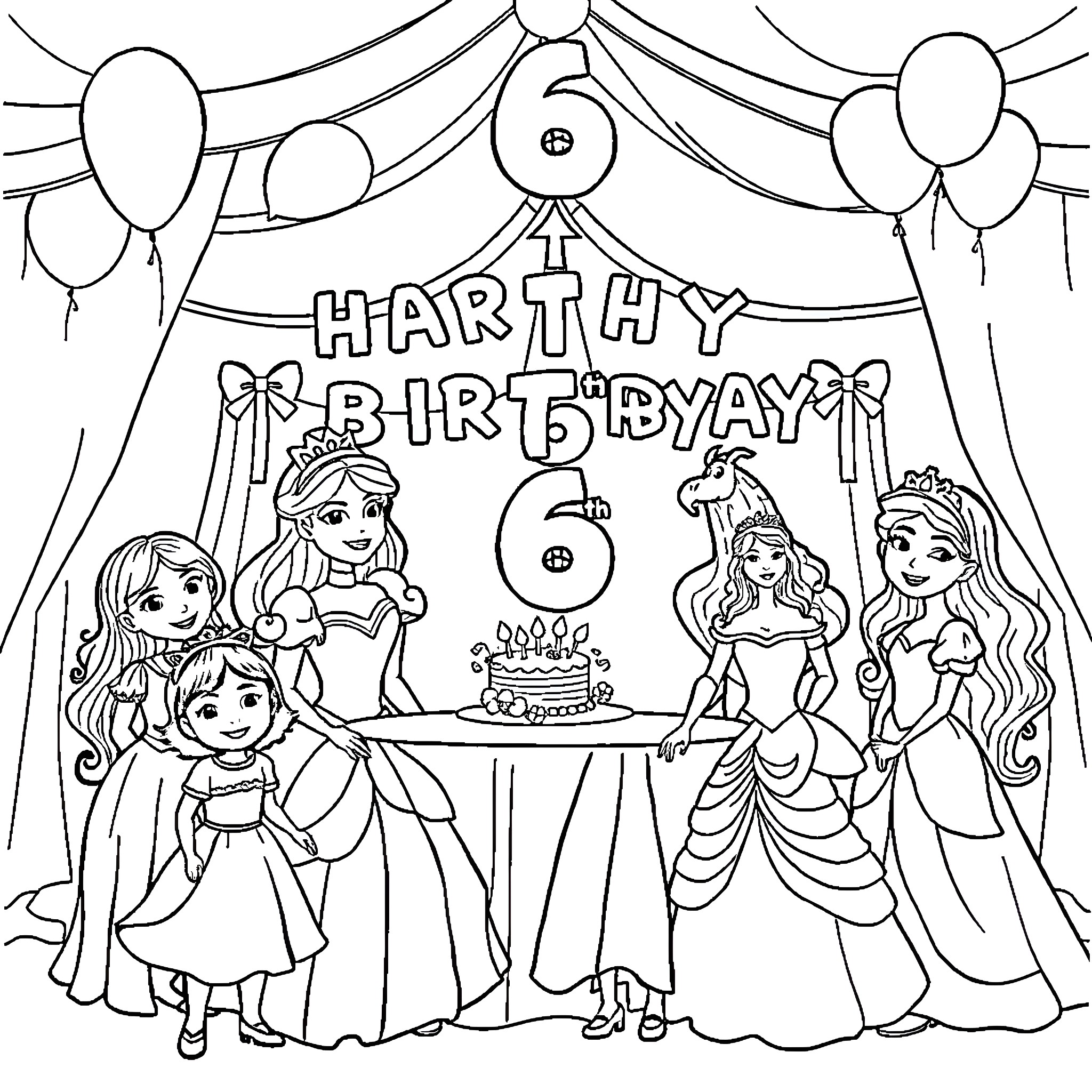 Disney Princess Birthday Party Celebration Coloring Page (free black-and-white line drawing printable PDF for all, from beginners to advanced learners, including children, teens, adults, and seniors)