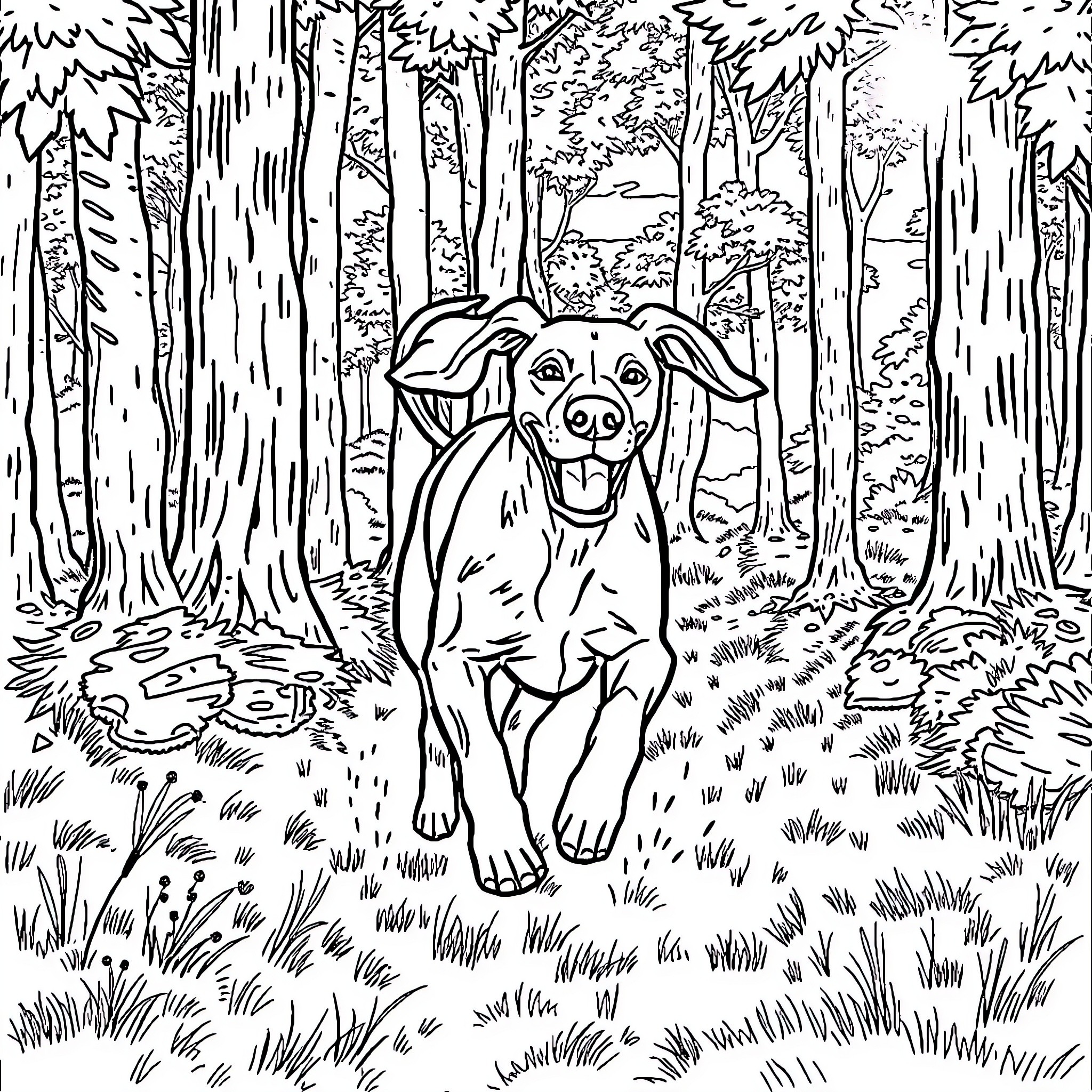 Vizsla Happily Exploring the Lush Forest Coloring Page (free black-and-white line drawing printable PDF for all, from beginners to advanced learners, including children, teens, adults, and seniors)