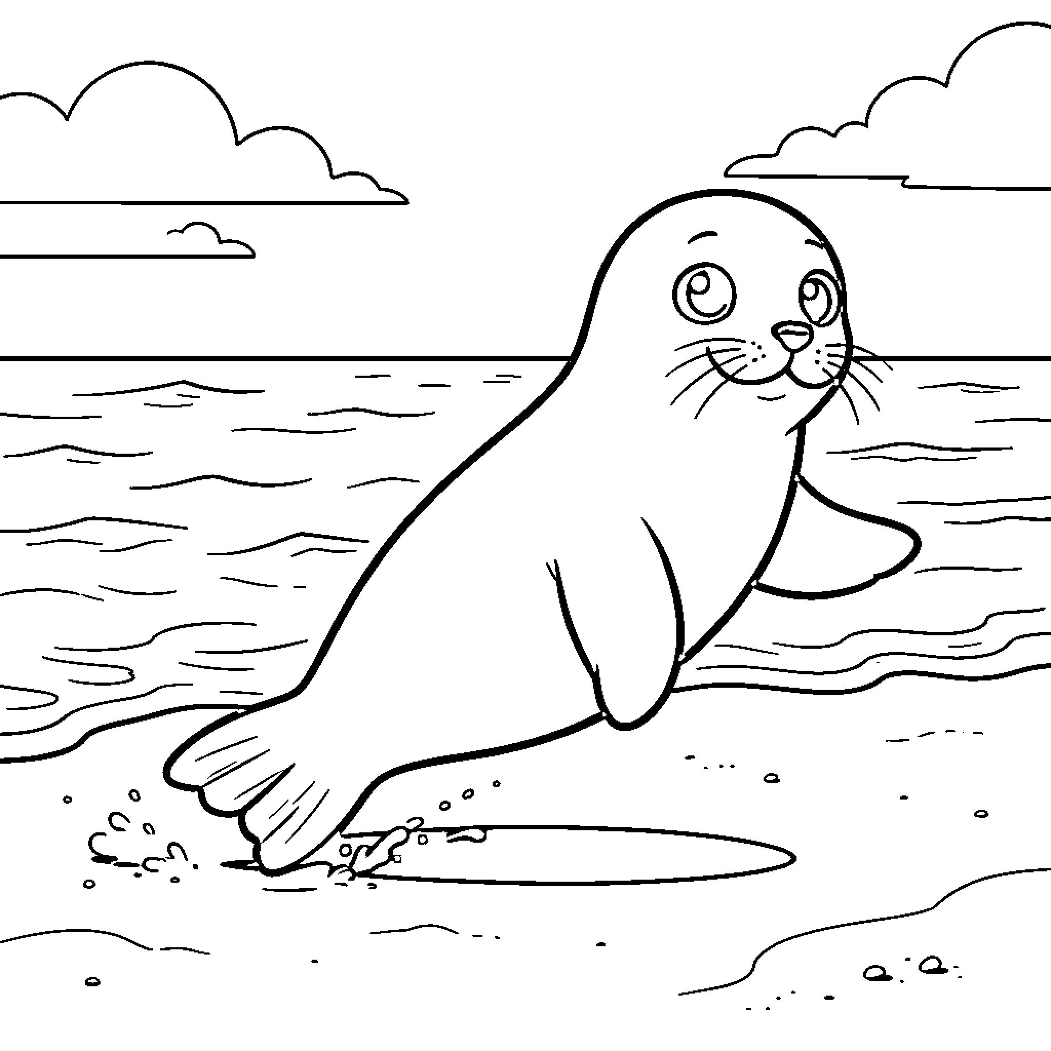 Seal resting peacefully on the beach Coloring Page (free black-and-white line drawing printable PDF for all, from beginners to advanced learners, including children, teens, adults, and seniors)