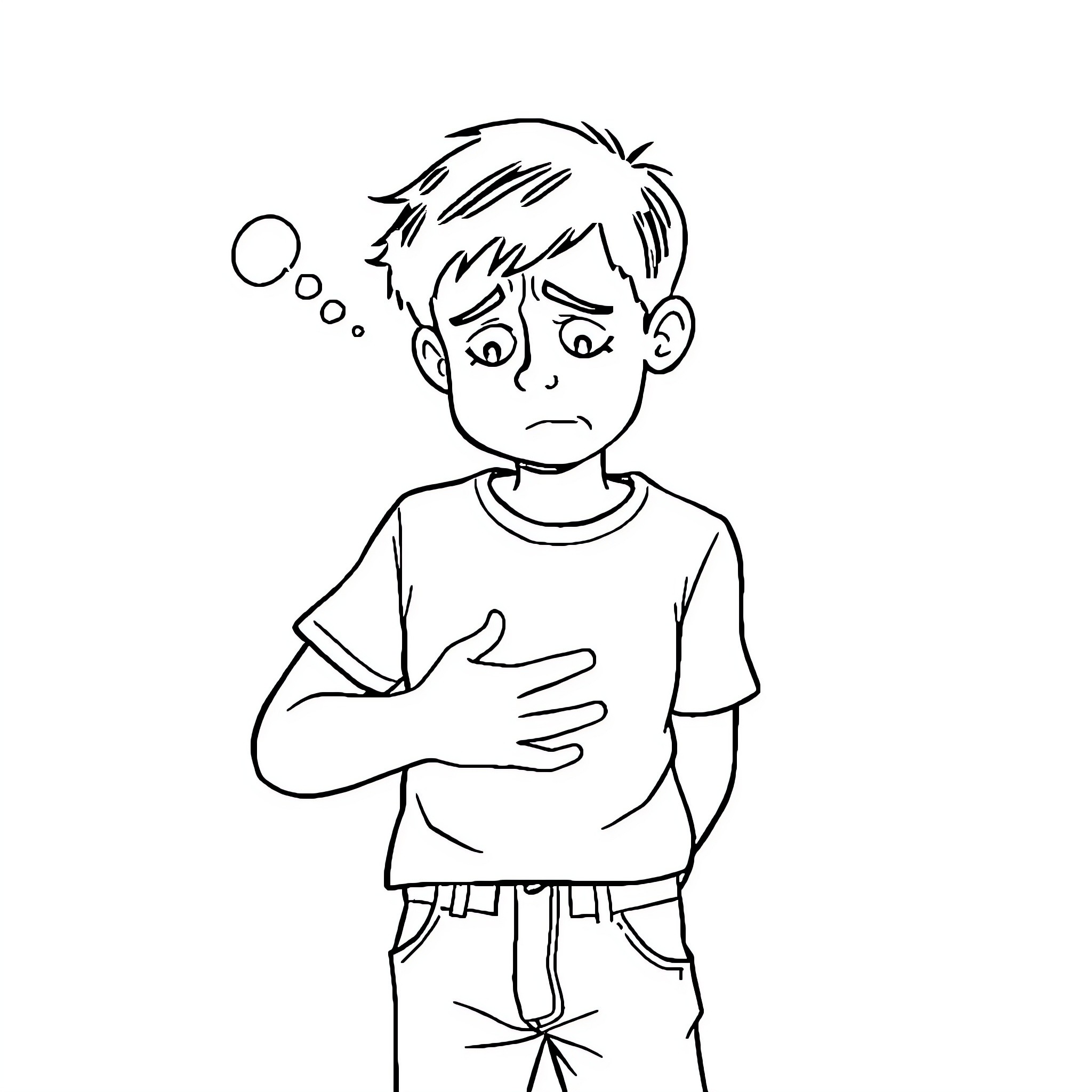 Boy appearing confused or distressed Coloring Page (free black-and-white line drawing printable PDF for all, from beginners to advanced learners, including children, teens, adults, and seniors)