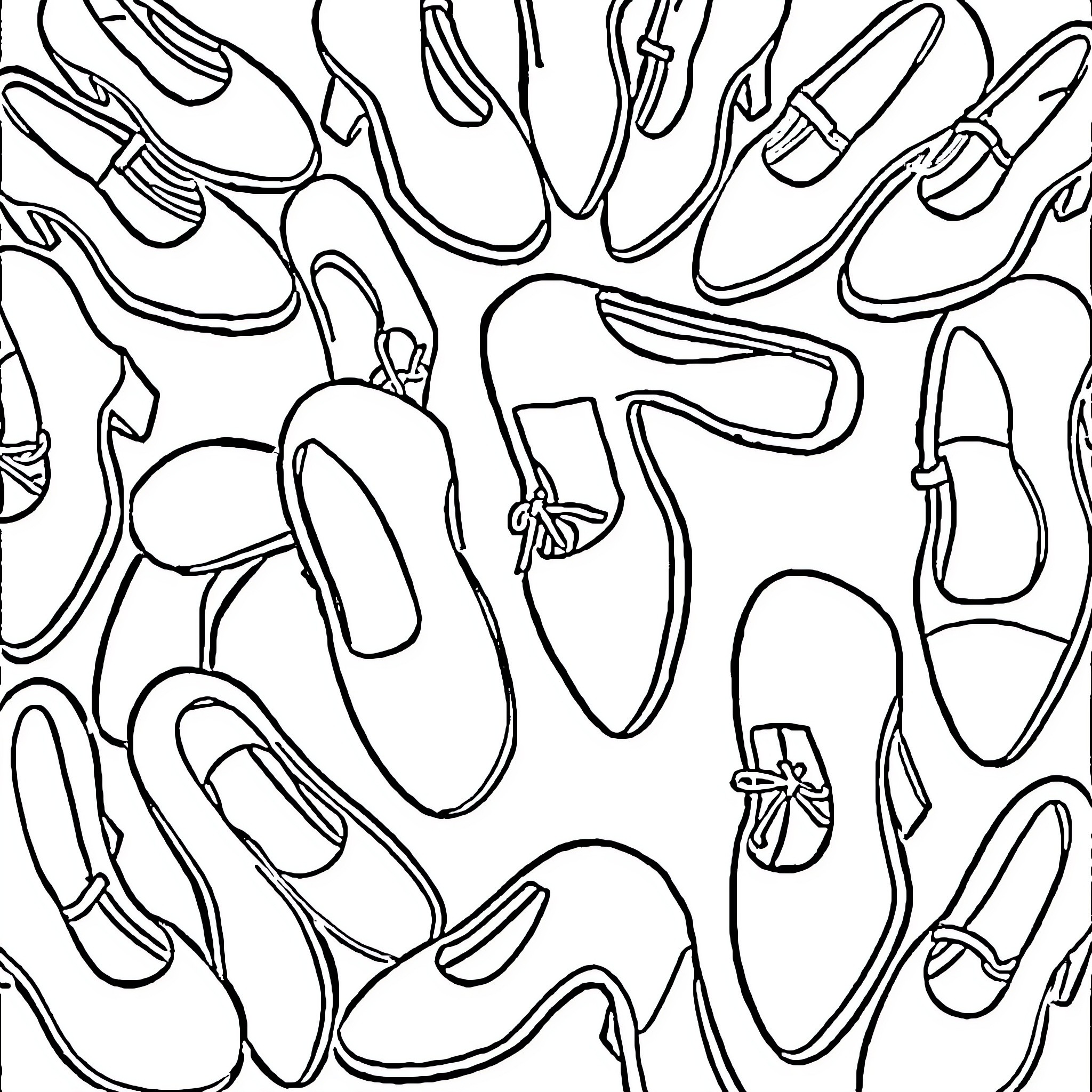 Shoe Silhouettes in Abstract Arrangement Coloring Page (free black-and-white line drawing printable PDF for all, from beginners to advanced learners, including children, teens, adults, and seniors)