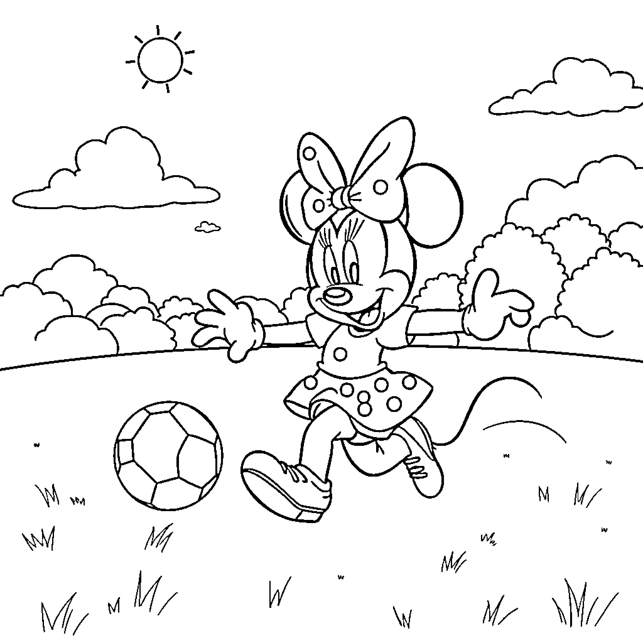 Minnie Mouse playing with a soccer ball in a meadow Coloring Page (free black-and-white line drawing printable PDF for all, from beginners to advanced learners, including children, teens, adults, and seniors)