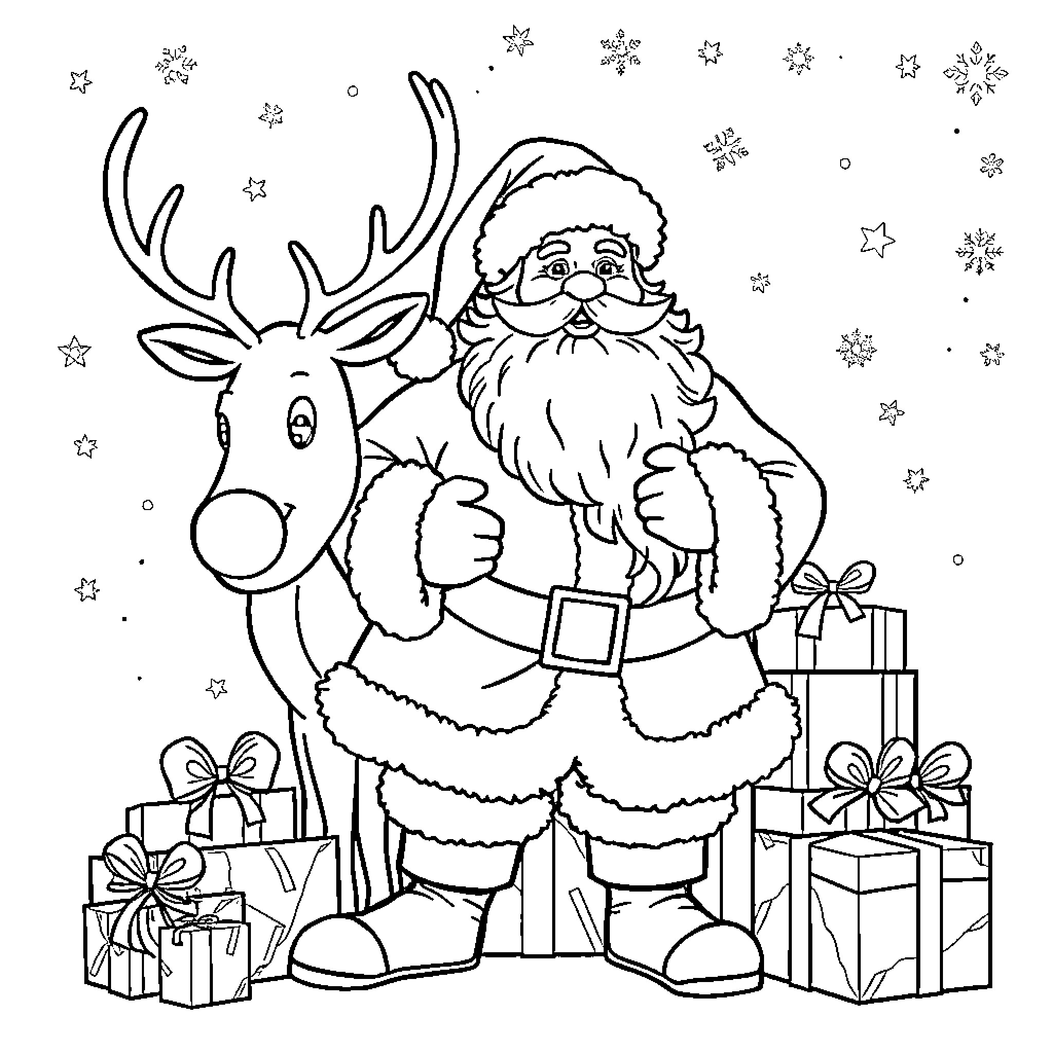 Santa Claus with Reindeer and Gifts Coloring Page (free black-and-white line drawing printable PDF for all, from beginners to advanced learners, including children, teens, adults, and seniors)