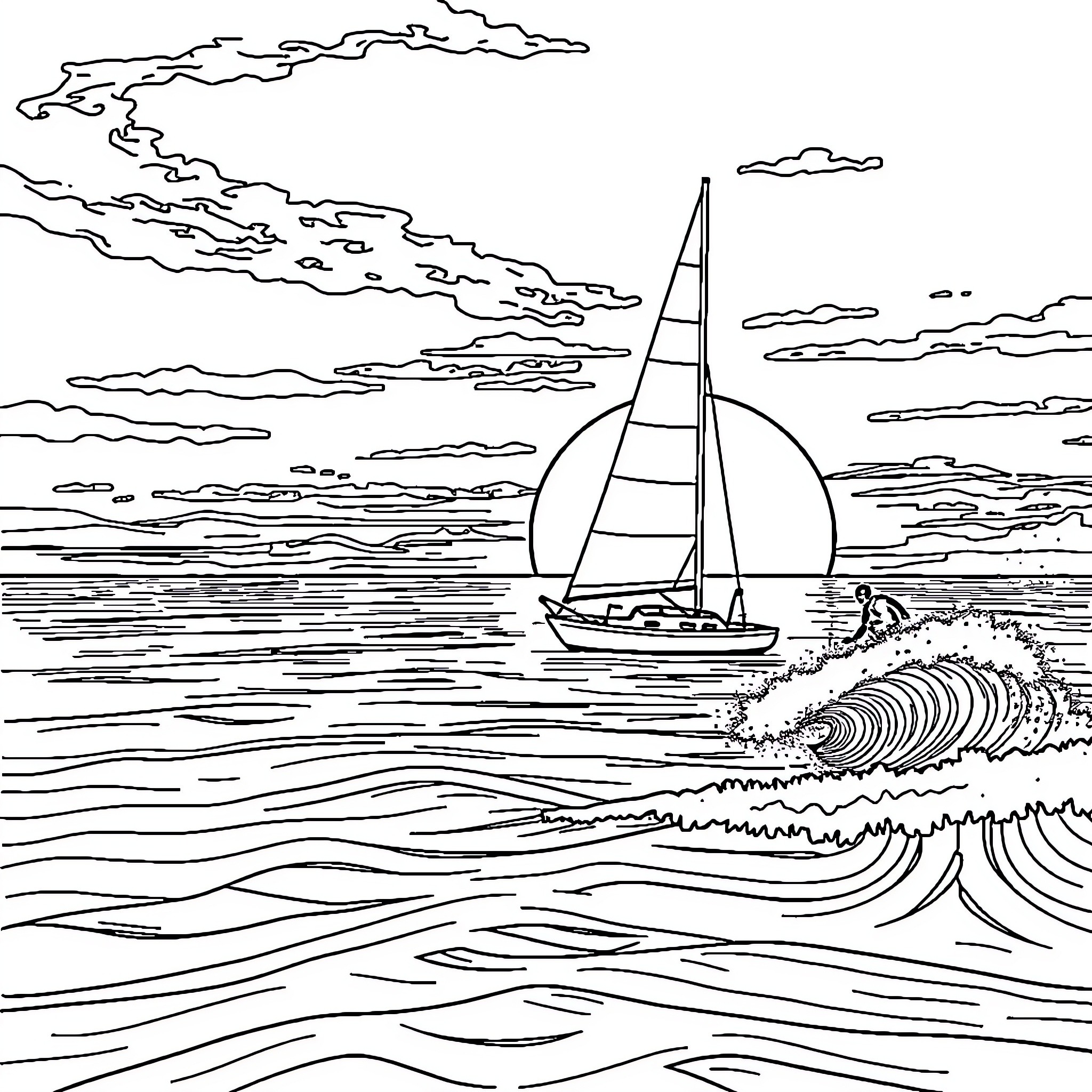 Sailboat navigating waves in stormy seascape Coloring Page (free black-and-white line drawing printable PDF for all, from beginners to advanced learners, including children, teens, adults, and seniors)
