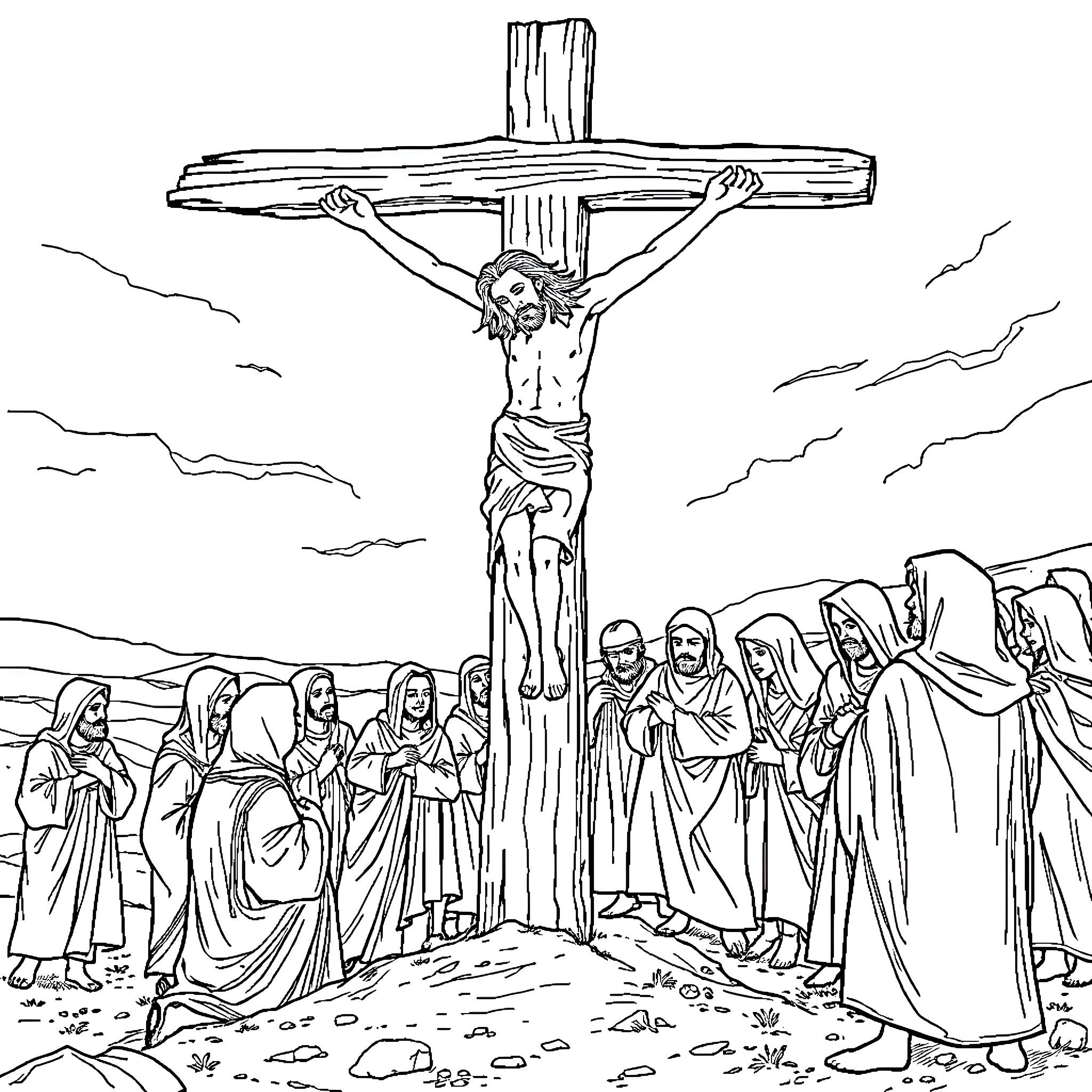 Crucifixion of Christ witnessed by crowd Coloring Page (free black-and-white line drawing printable PDF for all, from beginners to advanced learners, including children, teens, adults, and seniors)