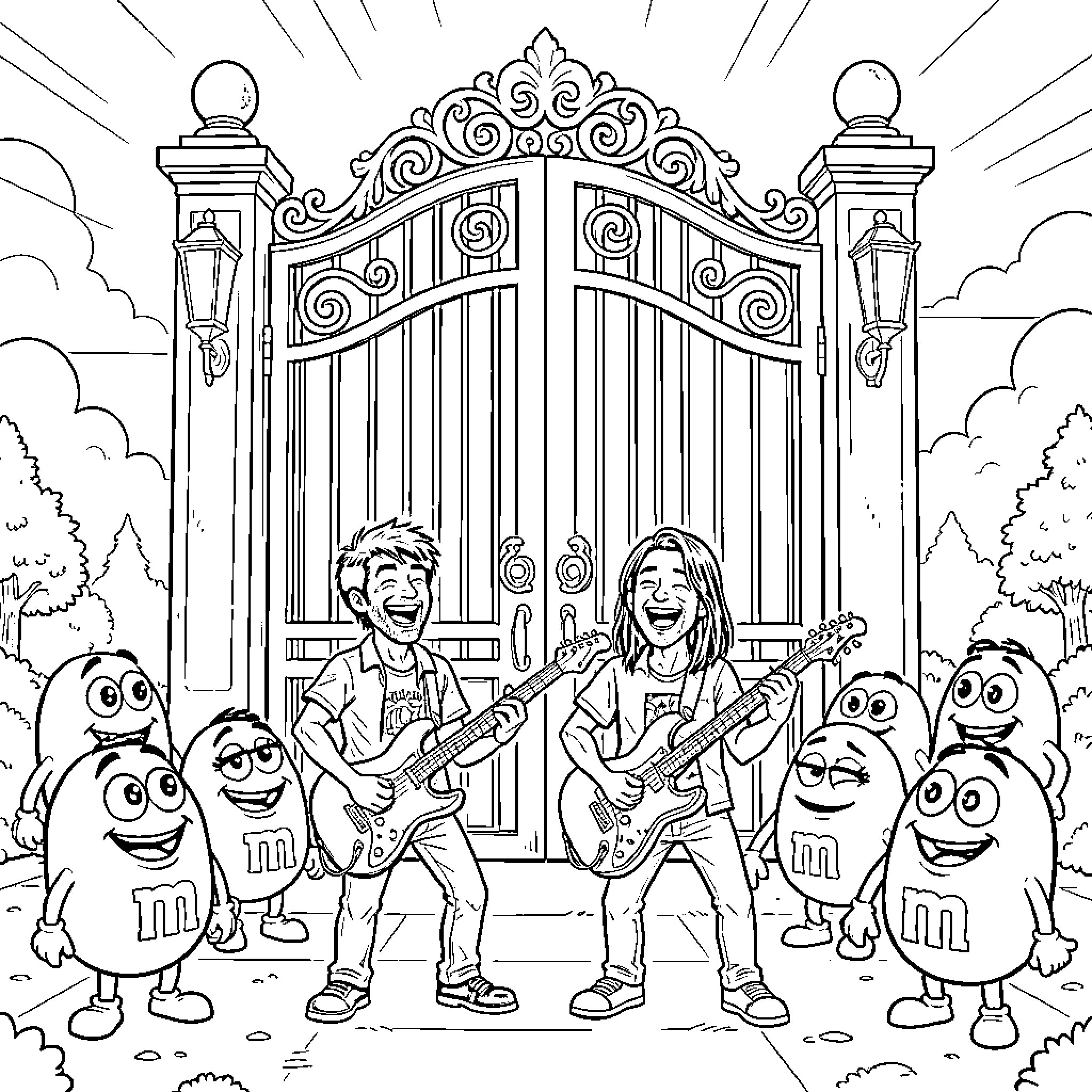 Tenacious D rock out in front of gates Coloring Page (free black-and-white line drawing printable PDF for all, from beginners to advanced learners, including children, teens, adults, and seniors)