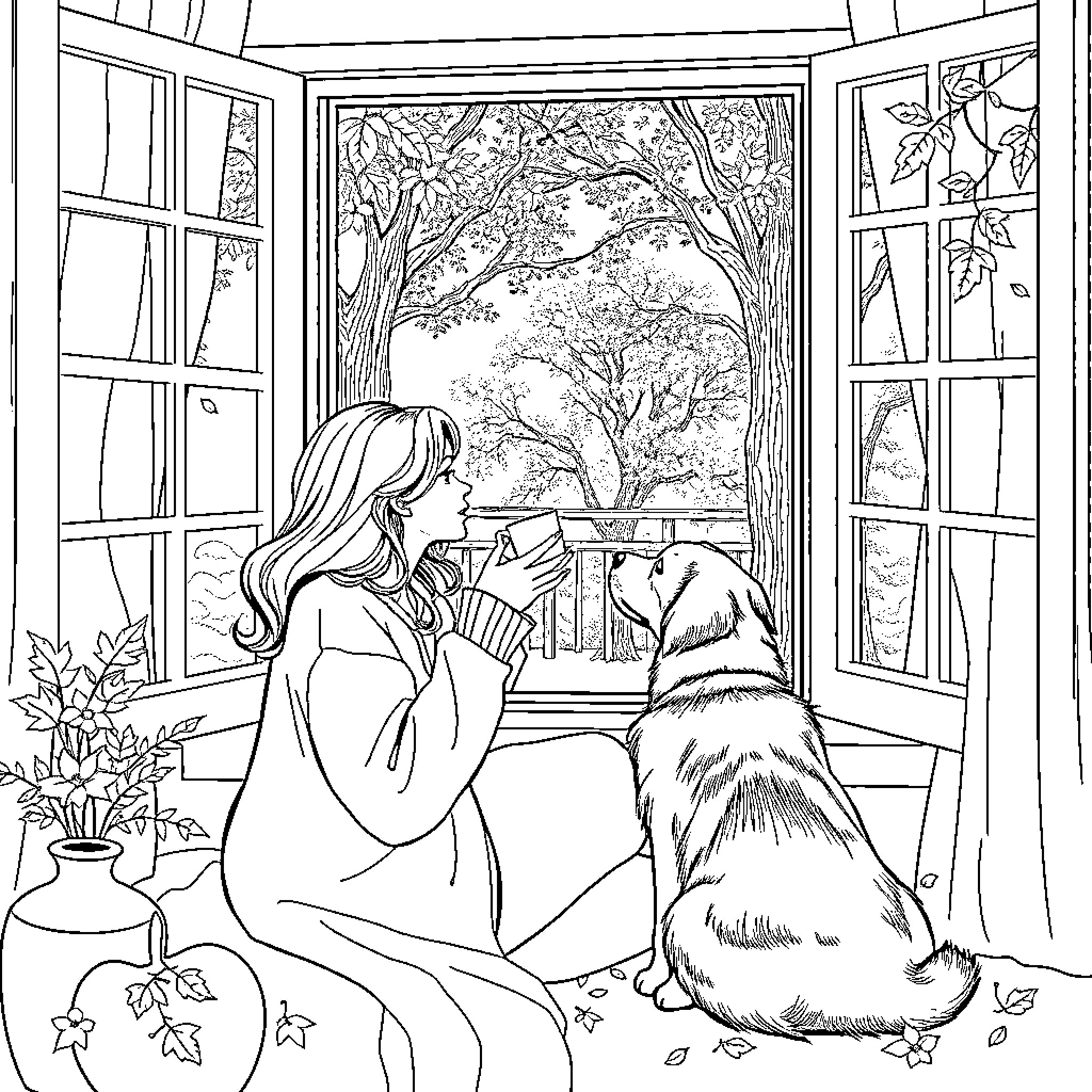 Woman enjoying a cozy afternoon with her pet Coloring Page (free black-and-white line drawing printable PDF for all, from beginners to advanced learners, including children, teens, adults, and seniors)