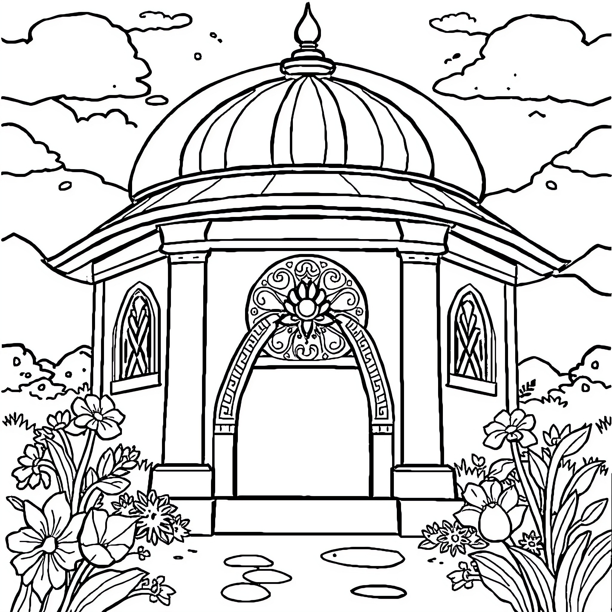 Rabbit exploring a decorative gazebo in a garden Coloring Page (free black-and-white line drawing printable PDF for all, from beginners to advanced learners, including children, teens, adults, and seniors)